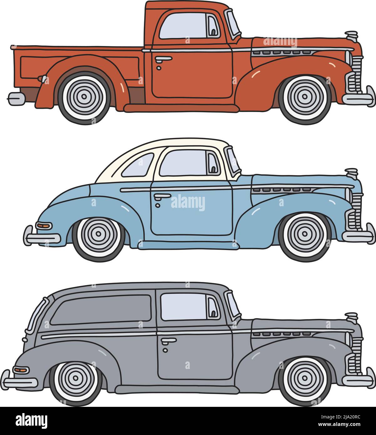 Die vektorisierte Handzeichnung von drei amerikanischen Retro-Autos Stock Vektor