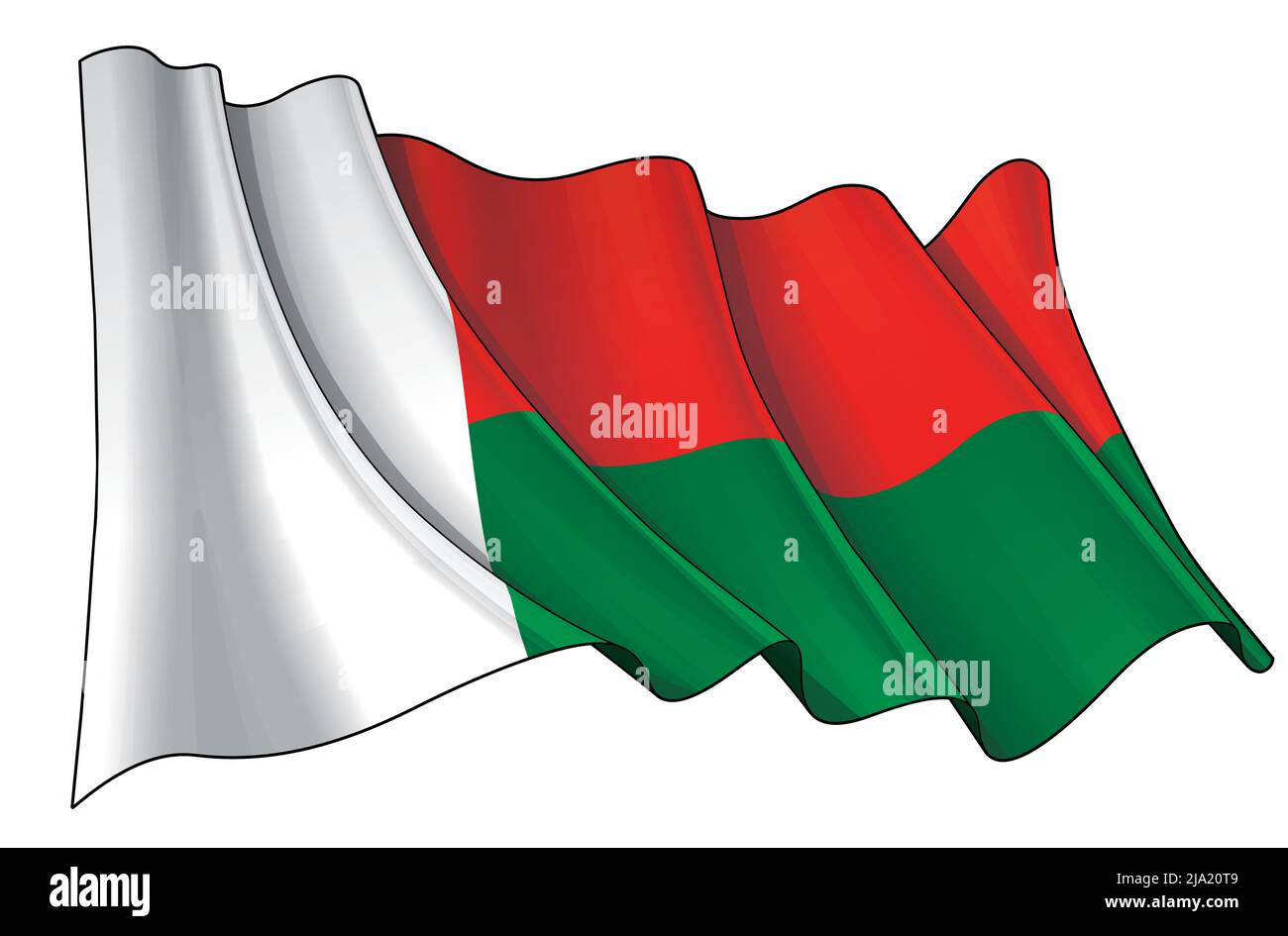 Vektordarstellung einer winkenden Flagge Madagaskars. Alle Elemente übersichtlich auf klar definierten Ebenen und Gruppen. Stock Vektor