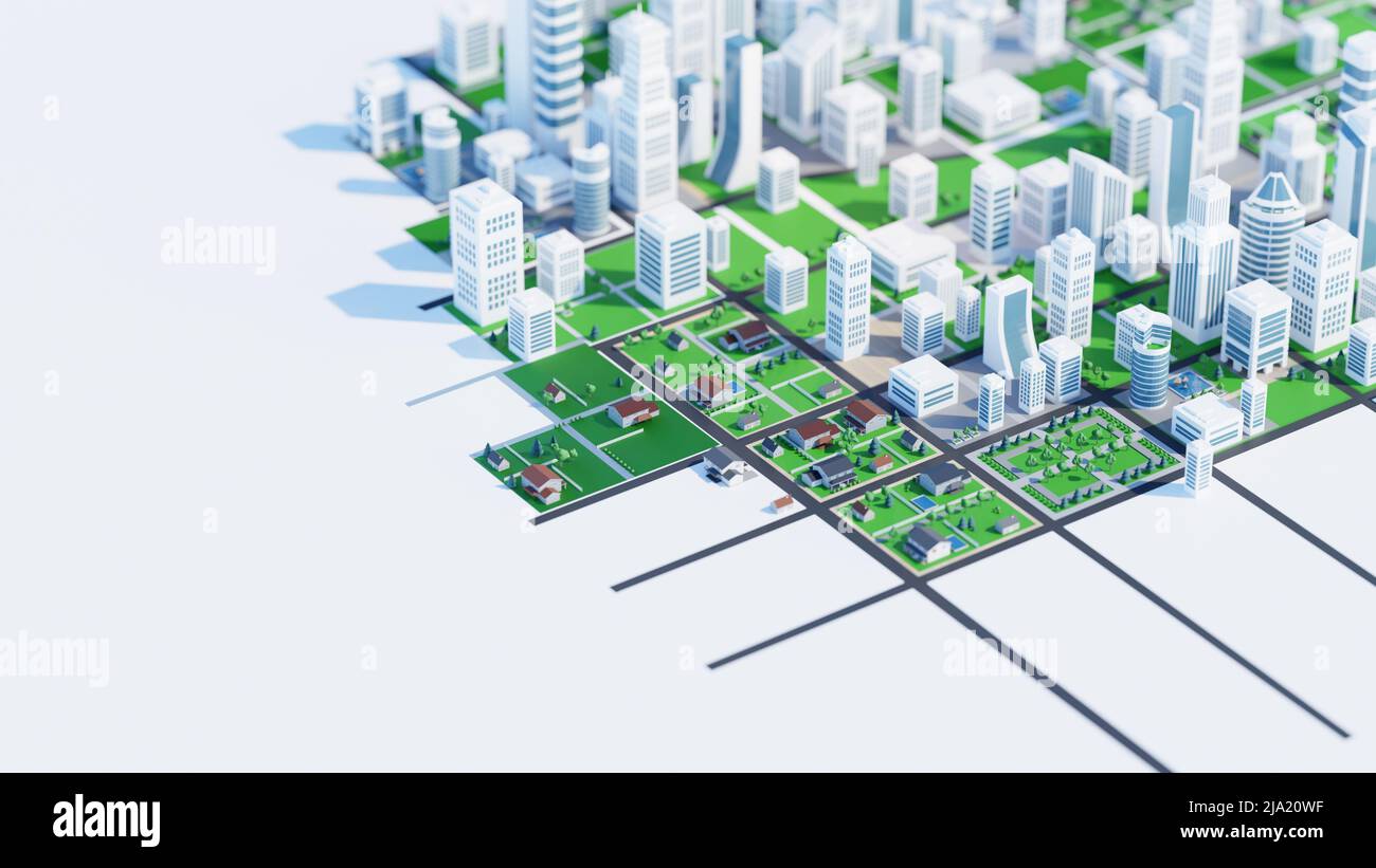 Saubere, moderne Stadt mit Parks und Grünflächen. Digital 3D-Rendering. Stockfoto