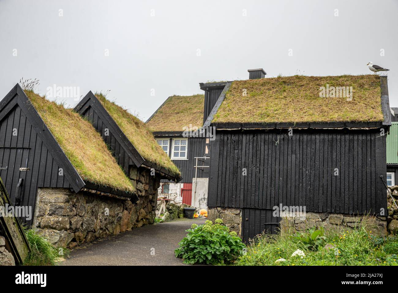 Dorf Gásadalur, Vágar, Färöer Stockfoto