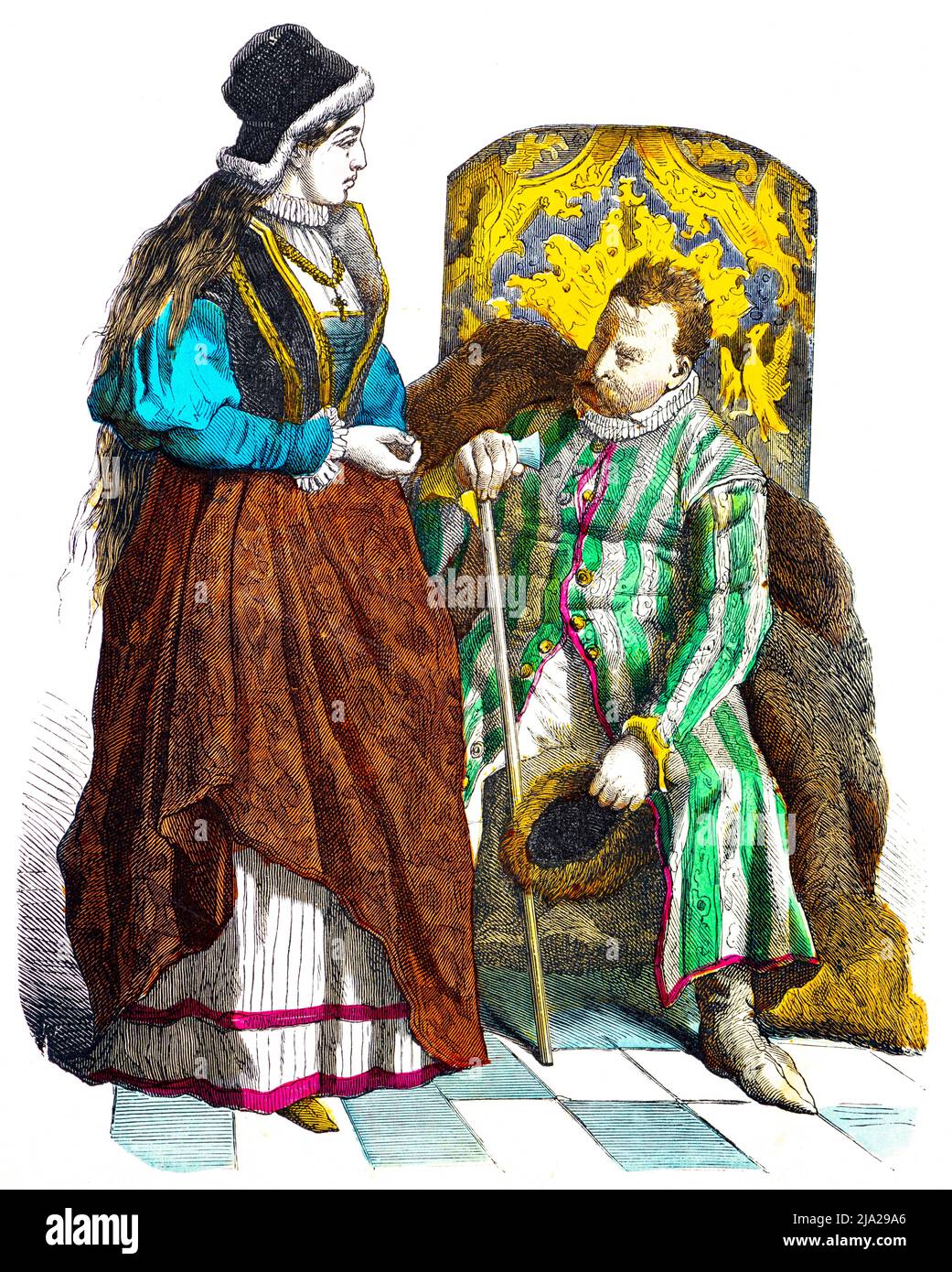 Münchner Bilderbogen, Polnische Kostüme, 16.. Jahrhundert, polnische Dame und Adliger, nationale Tracht, Polen, Robe, Sessel, Zwei Personen Stockfoto