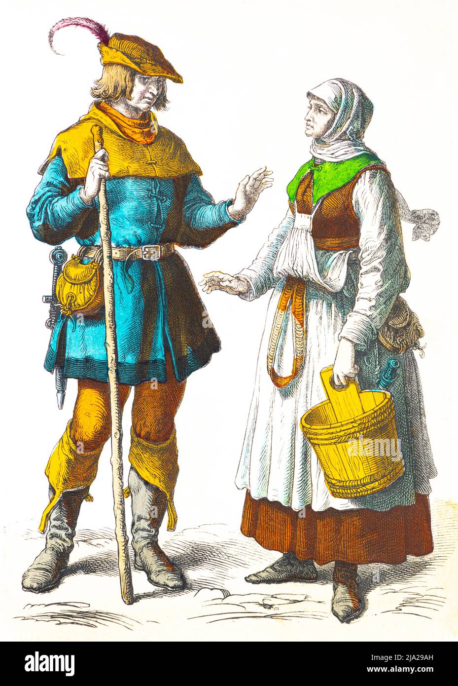 München Bilderbogen, Kostüme, Anfang 16.. Jahrhundert, deutsche Bauern, Bottich, Deutschland, zwei Personen, Porträt, farbig historisch Stockfoto