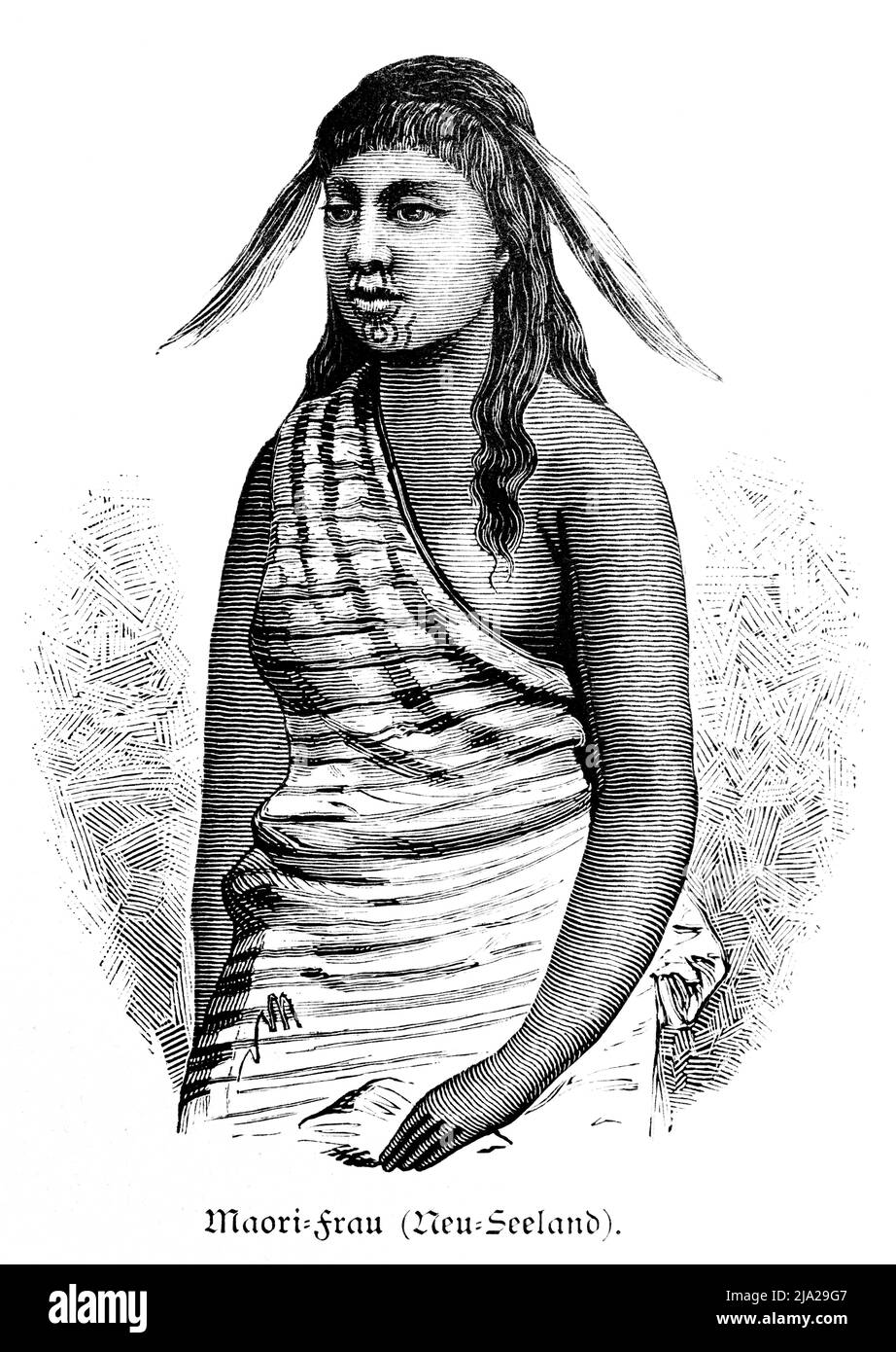 Junge Frau, Maori, indigene, Kleid, lange Haare, Kopfschmuck, historische Illustration 1881, Neuseeland Stockfoto