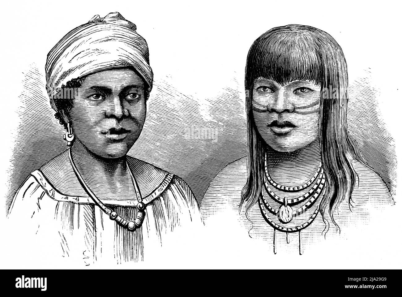 Zwei junge Frauen mit Fraunhofer-Abstammung (links), Inderin des Canibo-Stammes, Halskette, Ohrring, Turban, Tätowierung, Porträt, historische Illustration Stockfoto