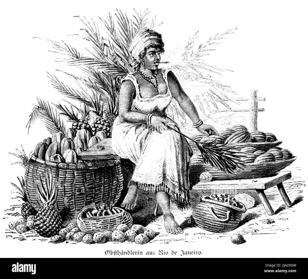 Obstverkäufer, Frau, verkaufen, Ananas, Melonen, Kleid, Halskette, Ohrring, Turban, Rauch, Zigarette, Sit, Portrait, historische Illustration 1881, Rio de Stockfoto