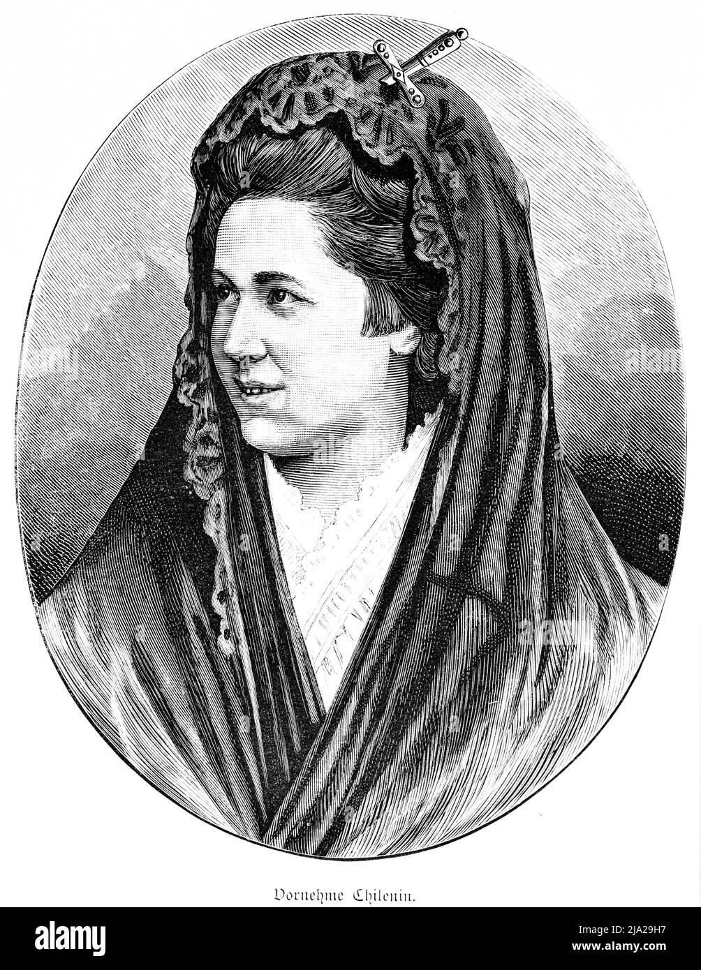 Chilenische Adlige, Frau, oval, Kopf, Gesicht, Traditionelle Tracht, Stickereien, Lächeln, Porträt, historische Illustration 1881, Chile Stockfoto