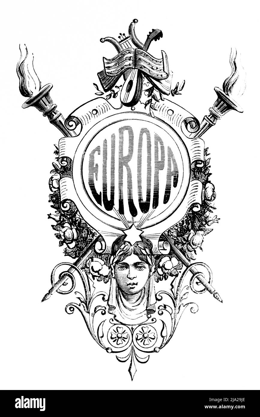 Emblem, Inschrift Europa, Gesichtsfrau, Fackeln, Leier, Mandoline, Noten, Ornamente, historische Illustration 1881 Stockfoto