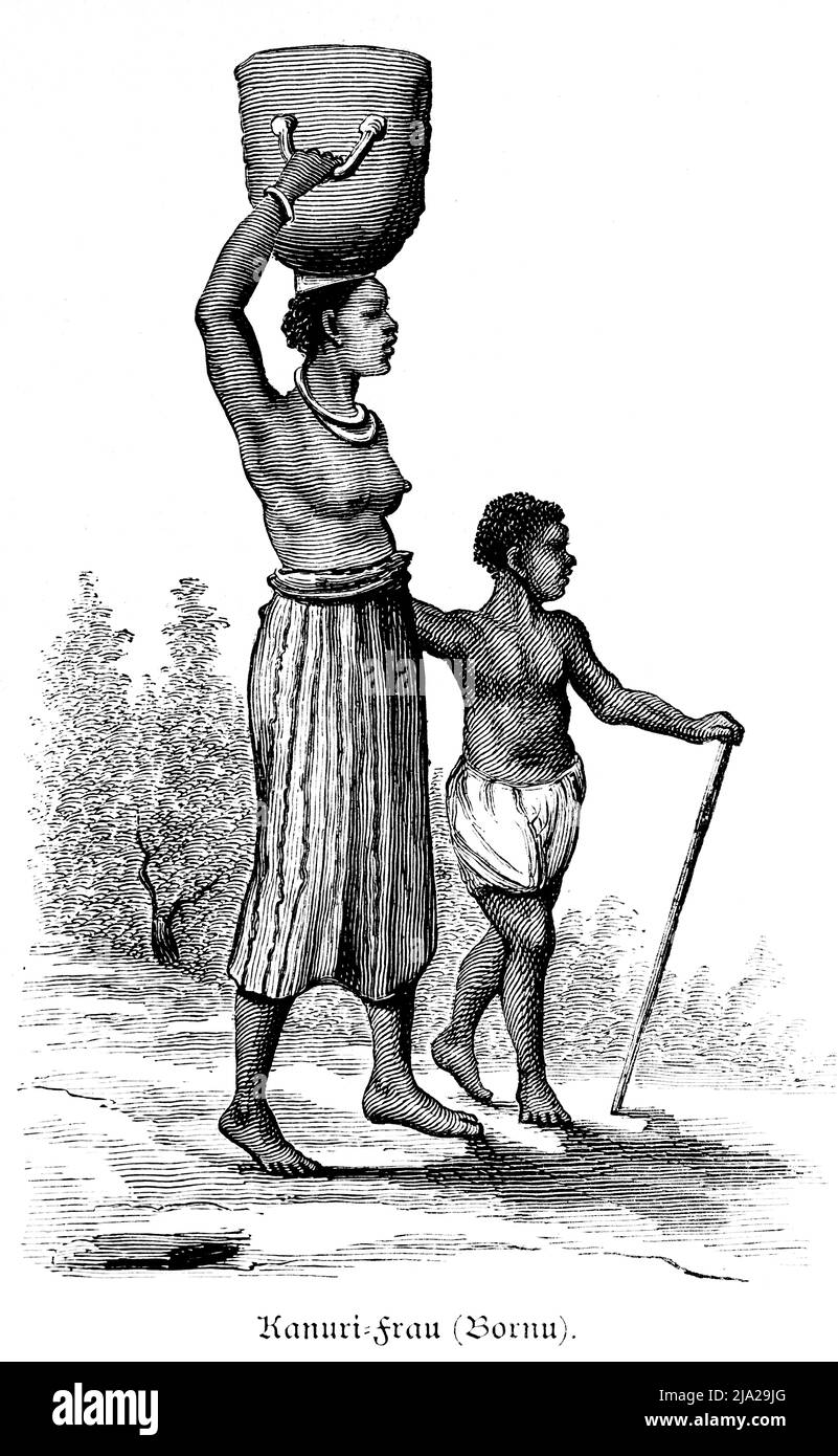 Kanuri Frau mit Sohn, Bornu Königreich, Sudan-Region, Korb, tragen, Kopf, Kind, barfuß, im Hochformat, Historische Abbildung 1881 Stockfoto