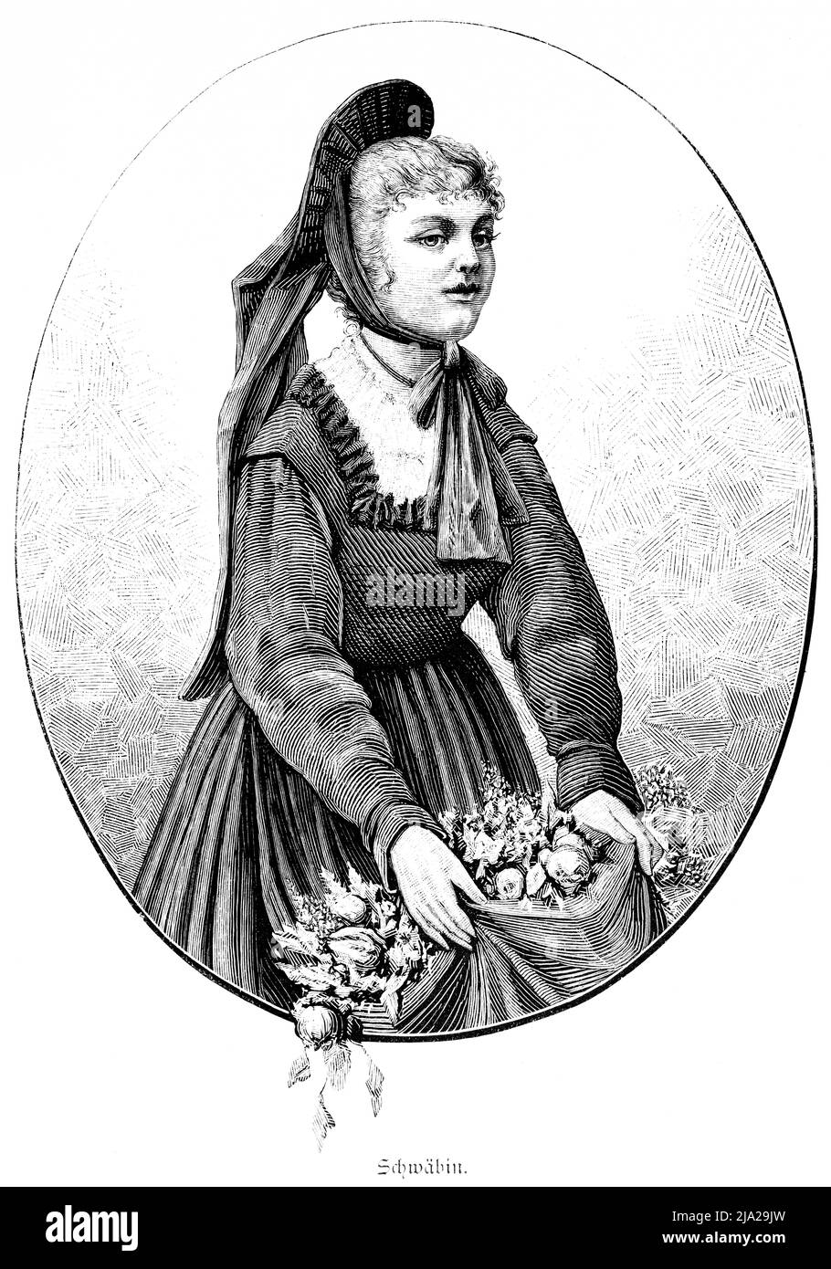 Junge Frau in traditioneller Tracht, Schwaben, Blumen, ovales Bild, Porträt, Historische Abbildung 1881 Stockfoto