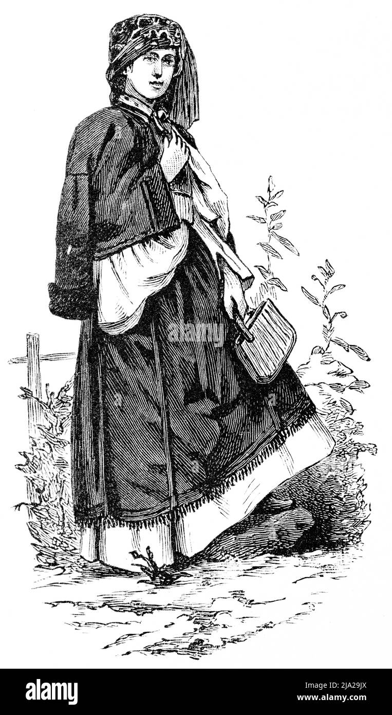 Junge Frau, Rumänien, traditionelle Tracht, Tasche, Outdoor, Blumen, Porträt, historische Illustration 1881 Stockfoto