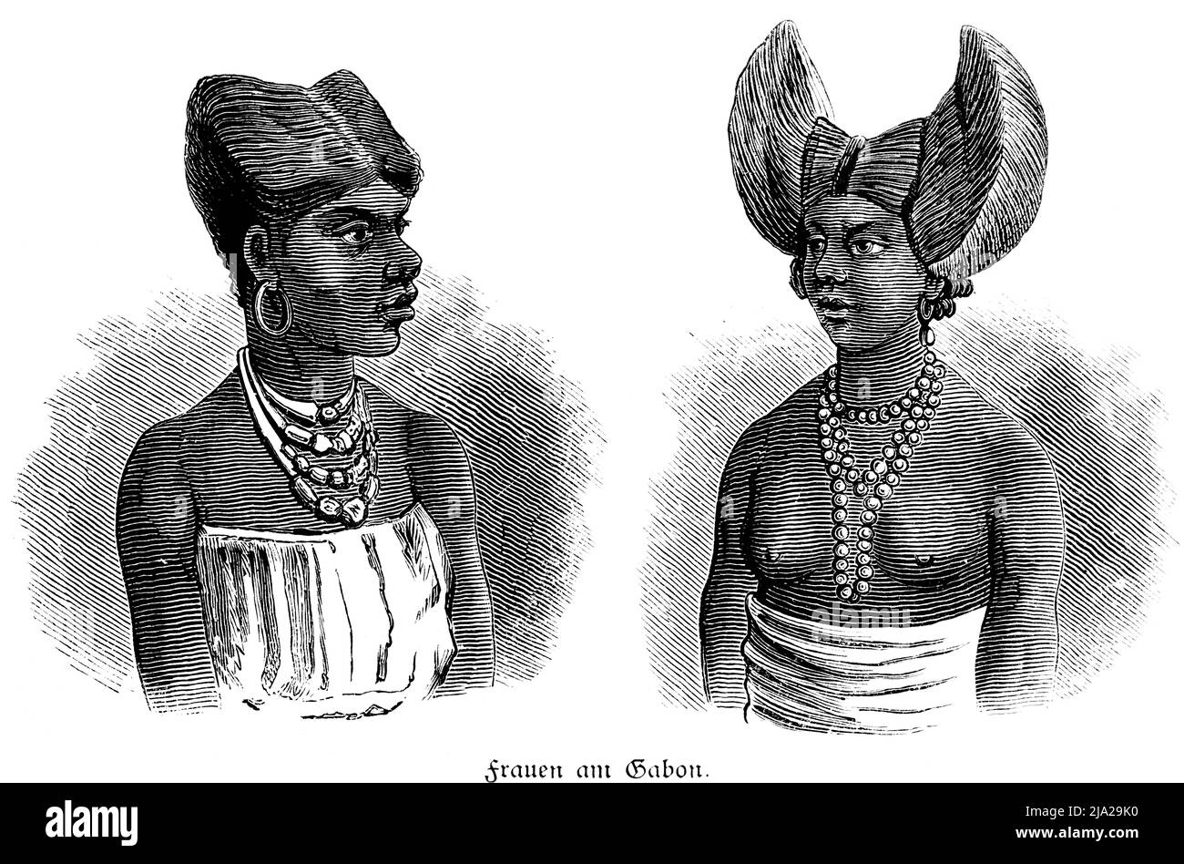 Zwei Frauen, Einheimische, traditionelle Frisur, Halsketten, Ohrringe, Porträt, historische Illustration 1881, Gabun River, Gabun Stockfoto