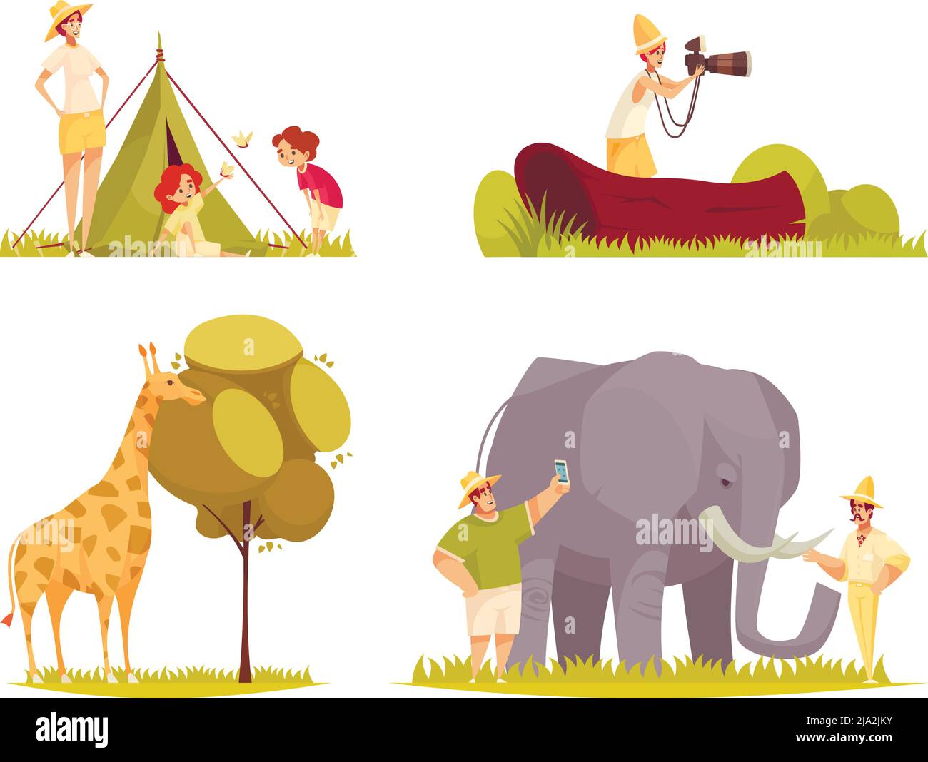 Safari travel Concept 4 flache witzige Kompositionen mit Giraffenessen Baum Blätter Familie außerhalb Zelt Vektor-Illustration Stock Vektor