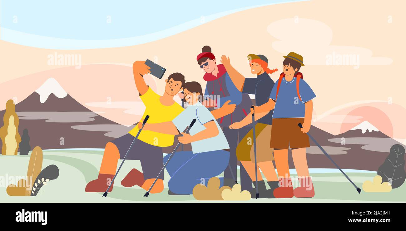 Freunde nehmen ein Selfie während der Reise in den Bergen flache Vektor-Illustration Stock Vektor