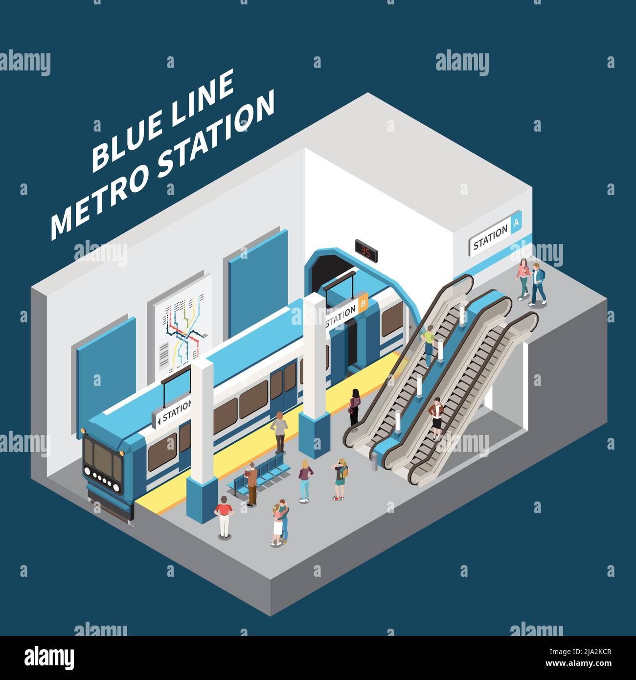 Blaue Linie U-Bahn-Station isometrische Innenansicht der Bahnsteigsfahrtreppe, die Passagiere zum Ausgang bringt Vektordarstellung Stock Vektor