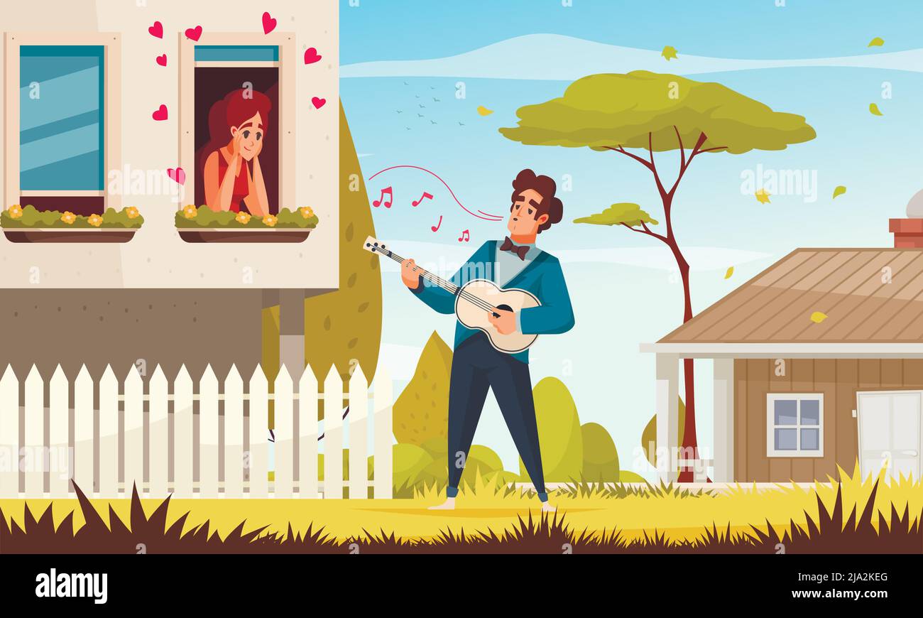 Gitarre Serenade Komposition mit Blick im Freien des Mannes in der Liebe singen Lieder an Mädchen in Fenster Vektor-Illustration Stock Vektor