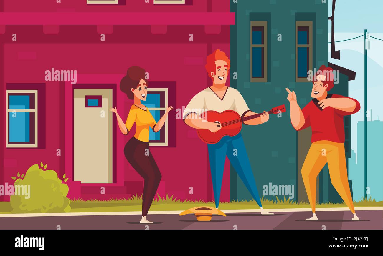 Street Musiker Gitarre Komposition mit Outdoor-Stadtkulisse und Mann spielen Gitarre mit Hut und Freunde Vektor-Illustration Stock Vektor
