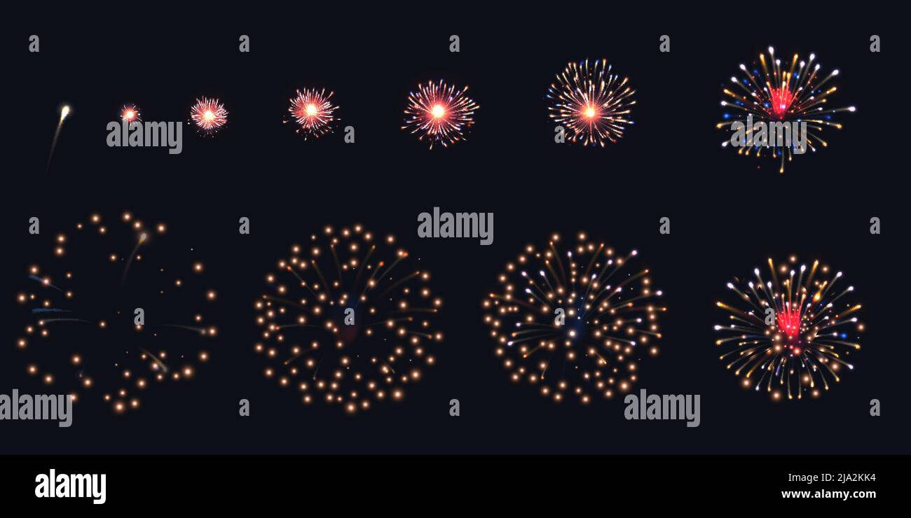 Feuerwerk Animation realistische set mit Feier Symbole isoliert Vektor Illustration Stock Vektor
