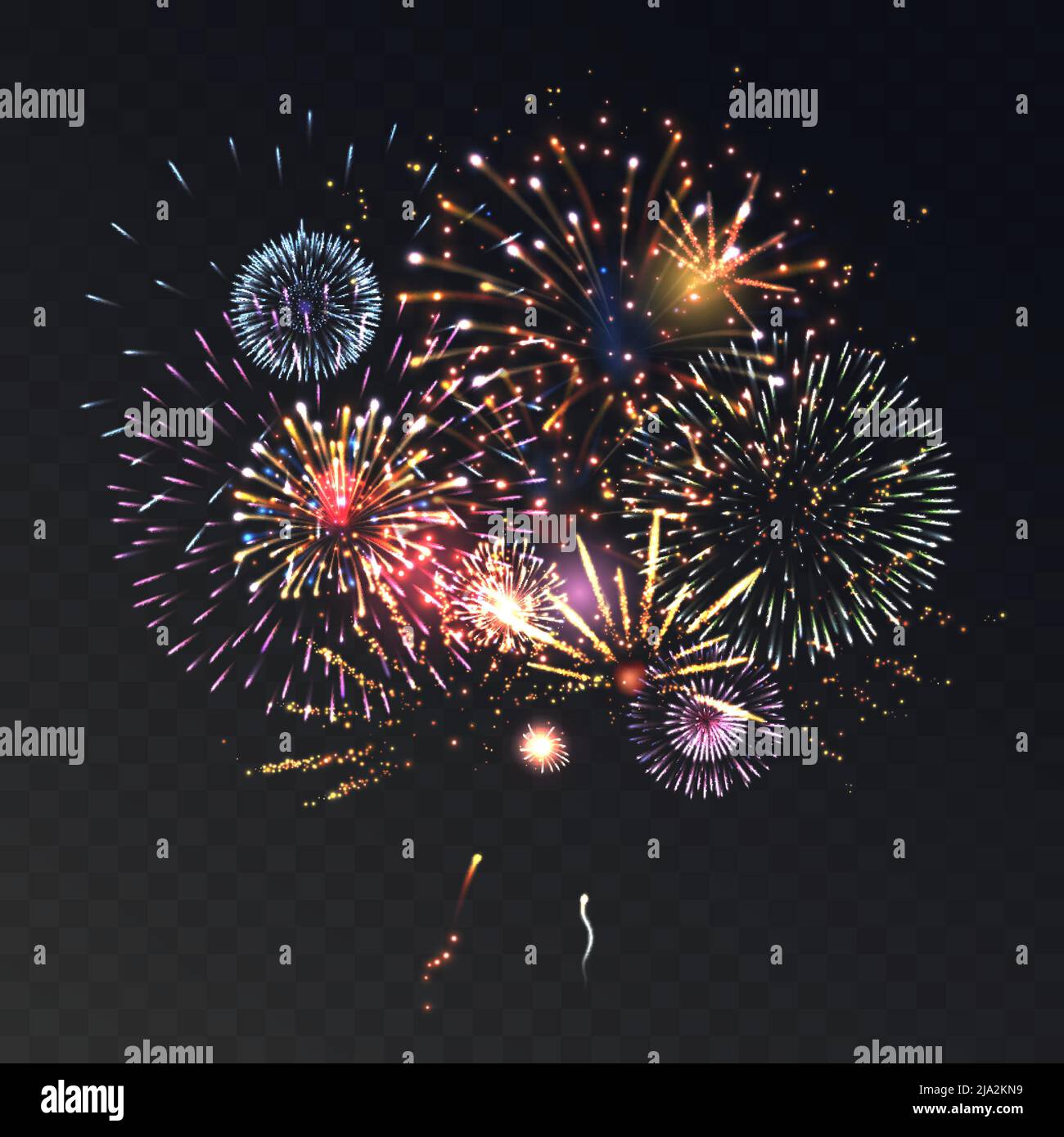 Feuerwerk Animation realistische transparente Konzept mit Feier Symbole Vektor Illustration Stock Vektor