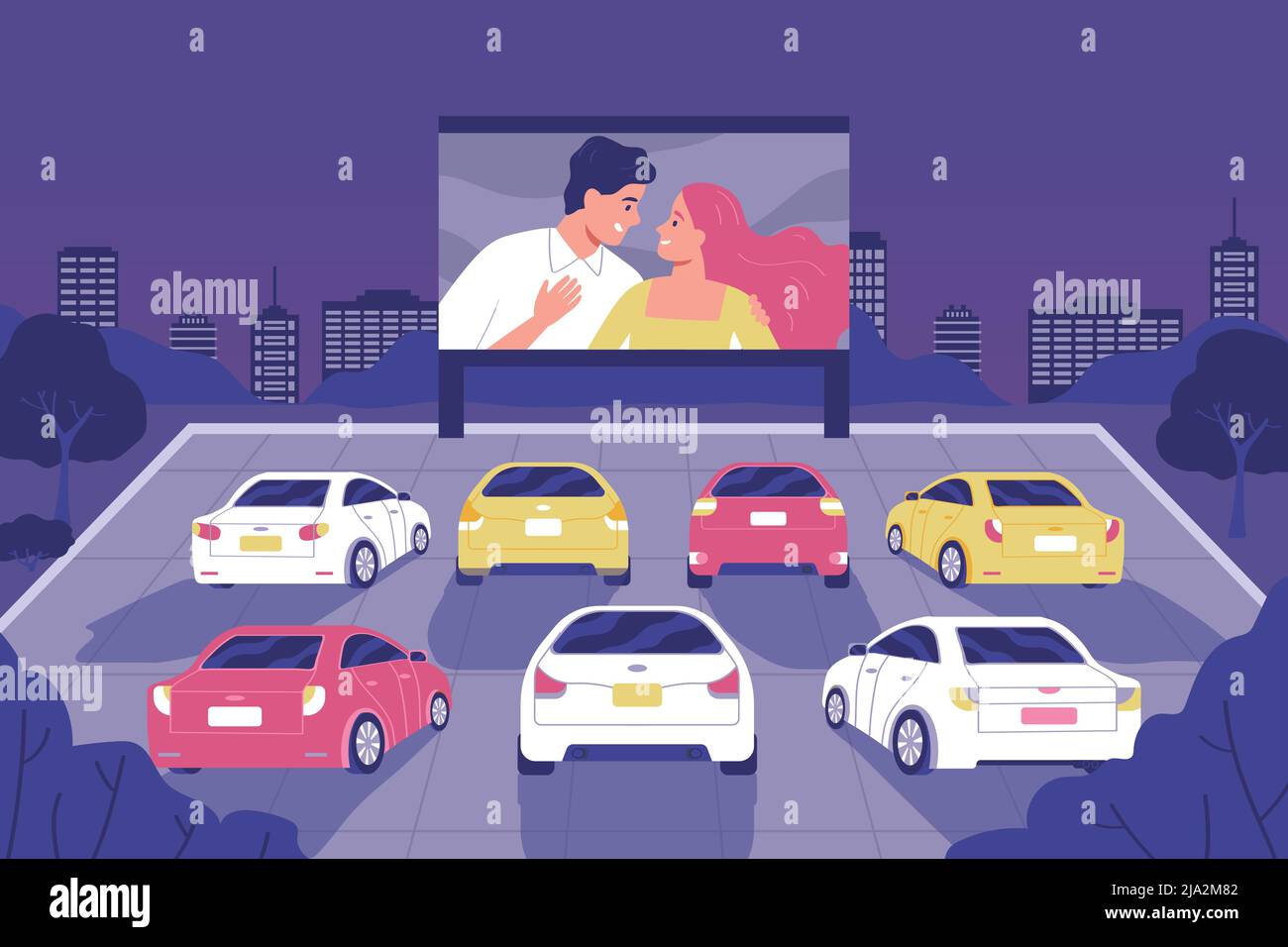 Menschen sitzen in Autos und sehen Filme in einem Open-Air-Kino flache Vektor-Illustration Stock Vektor