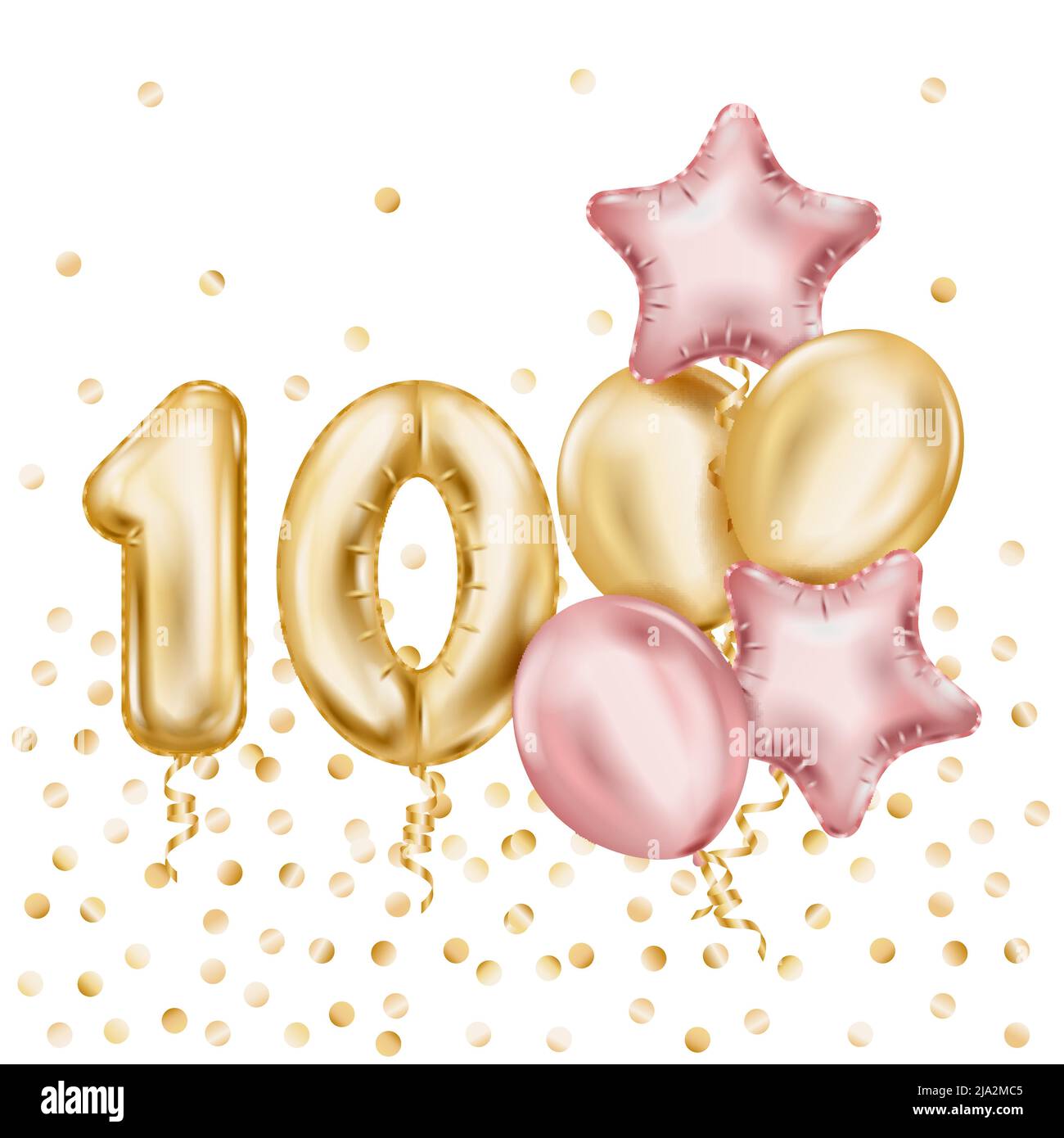 Jubiläums-Ballons realistische Zusammensetzung mit Gold glänzenden Zahlen ein und Null und zusätzliche sternförmige Ballons Vektor-Illustration Stock Vektor