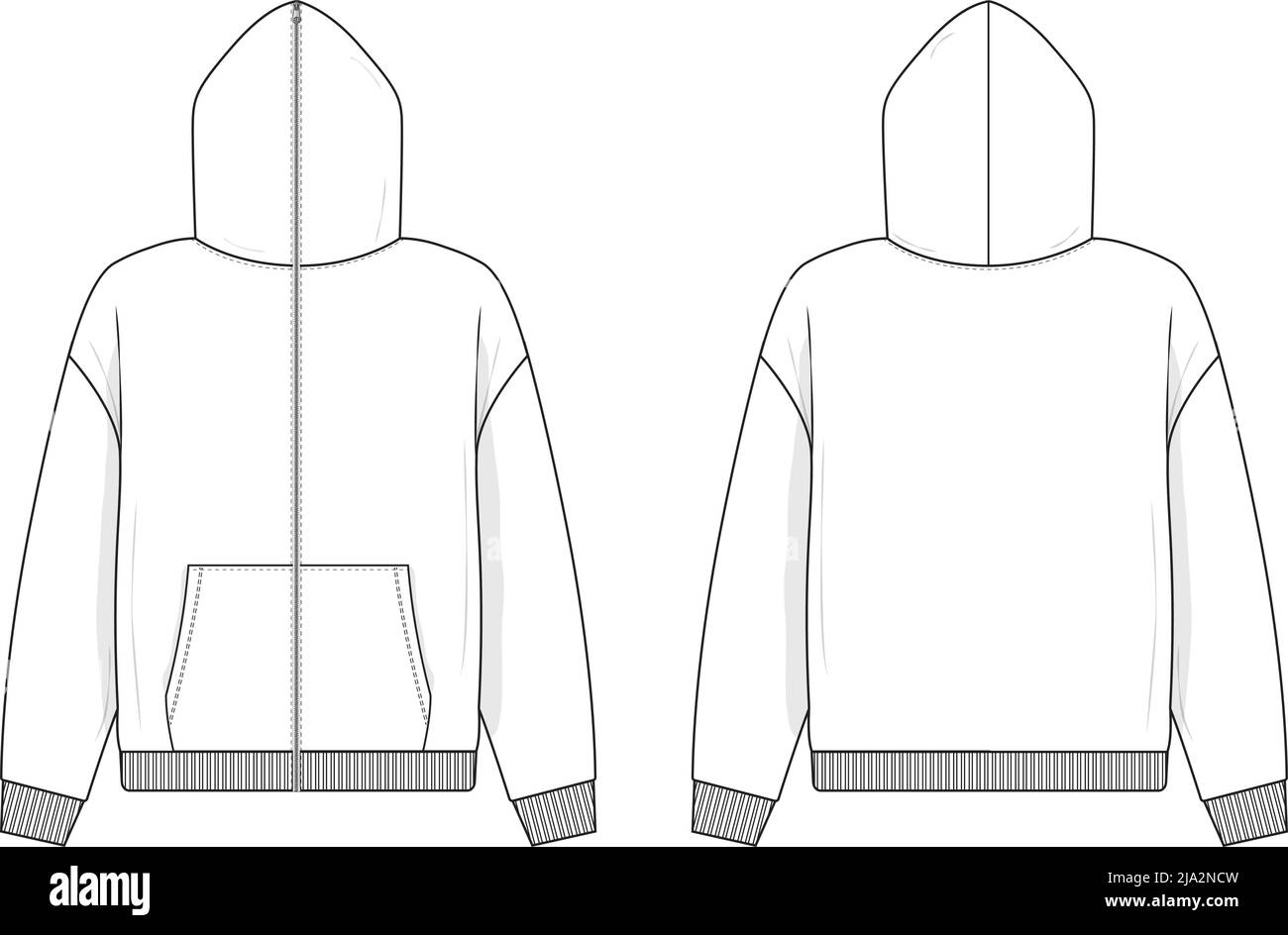 Full Zip Hoodie Sweatshirt flach technische Zeichnung Illustration Mock-up Vorlage für Design und Tech Packs Männer oder Unisex Mode CAD Streetwear. Stock Vektor