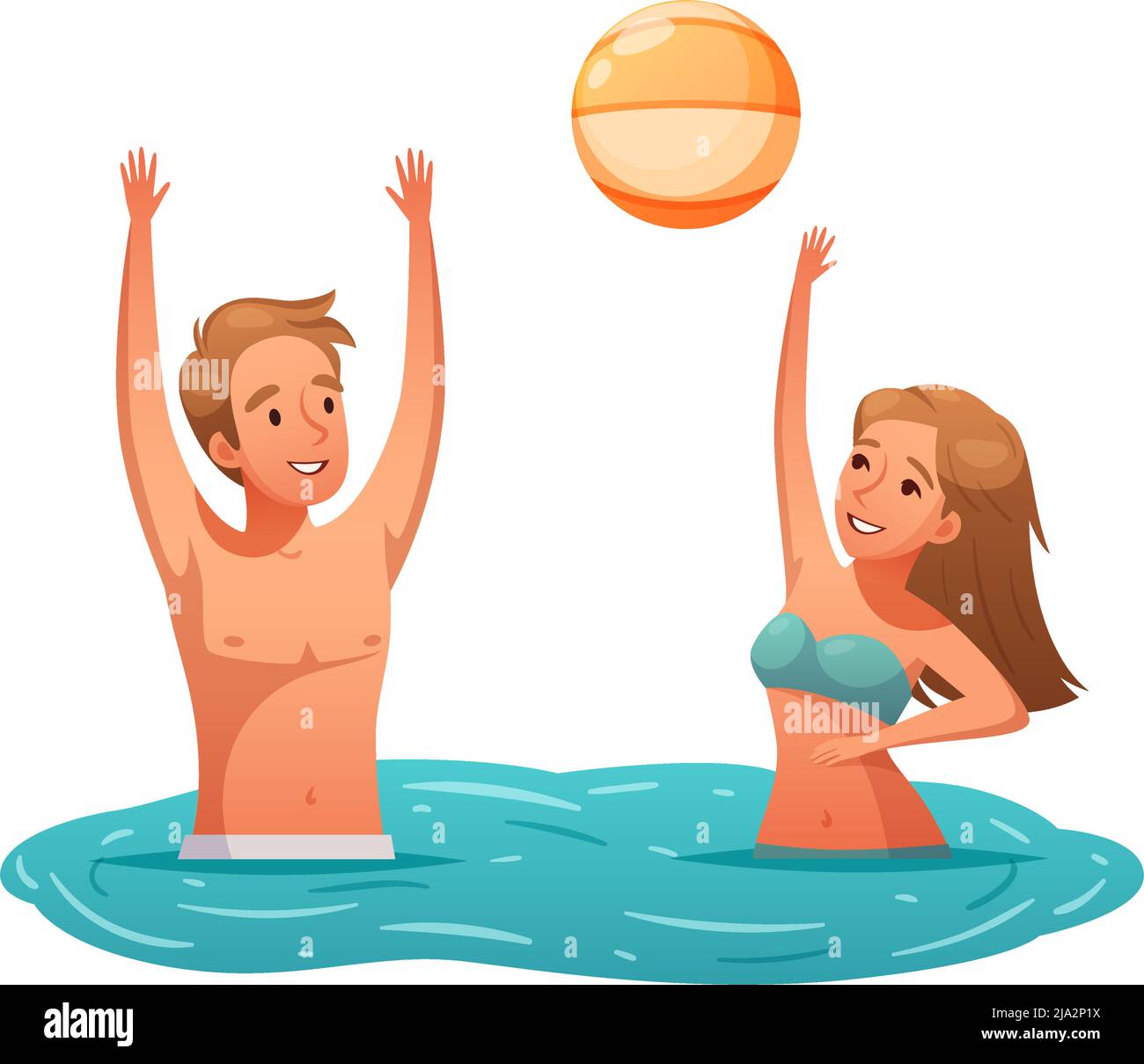 Sommer Aktivität Symbol mit zwei Menschen spielen mit Ball im Wasser Cartoon-Vektor-Illustration Stock Vektor