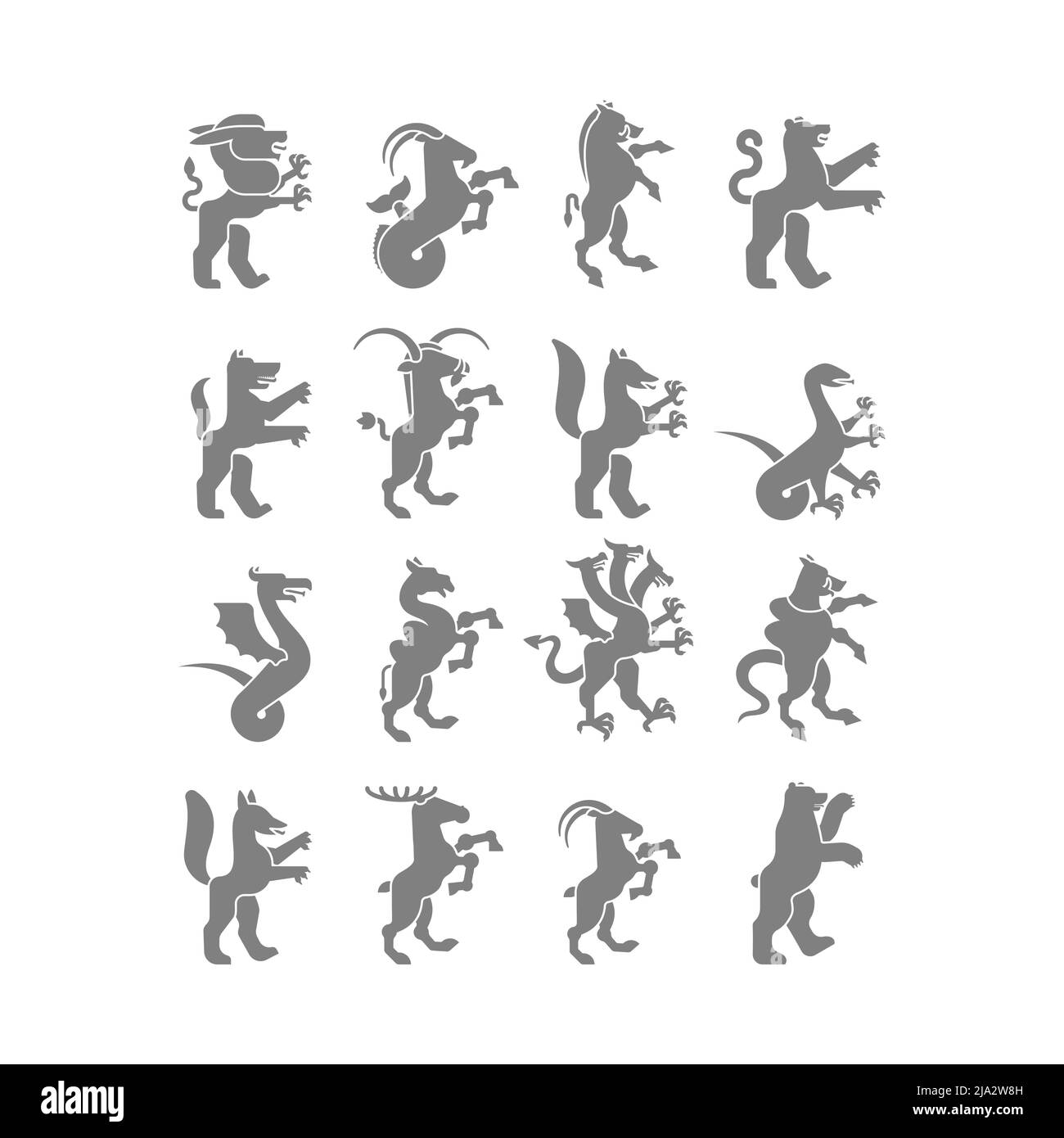 Heraldische Tier Set Silhouette. Panther, Kamel. Goat, Hydra und Enfield. Fuchs, Wolf und Alphyn. Hirsch, Kamel und Yale. Salamndra, Ziege und Amphiptere. F Stock Vektor