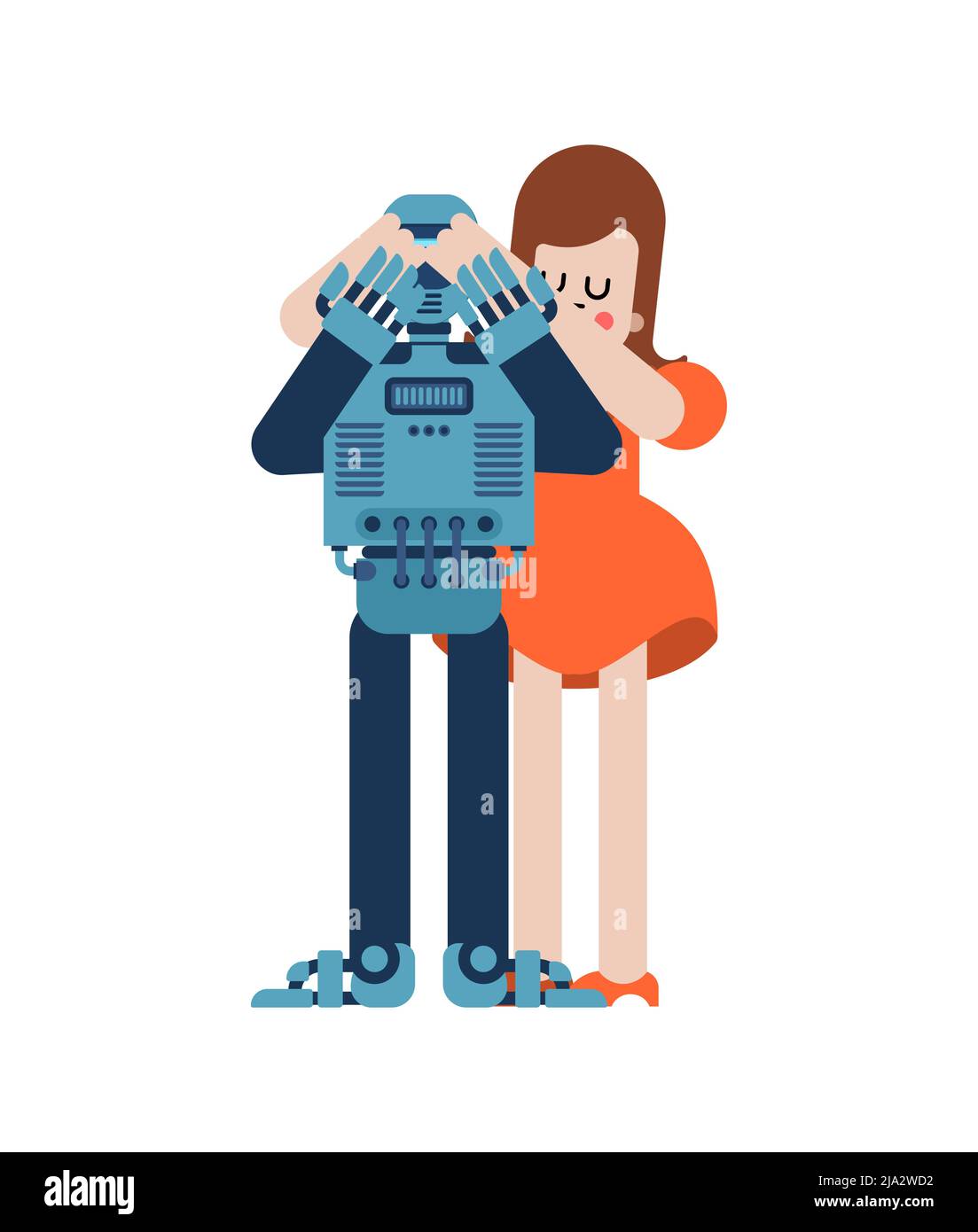 Lovers Roboter-Spiel schließt die Augen von hinten. Liebevolles Paar Cyborg und Mädchen. Romantische Beziehung. Liebe und Roboter Illustration 2 Stock Vektor