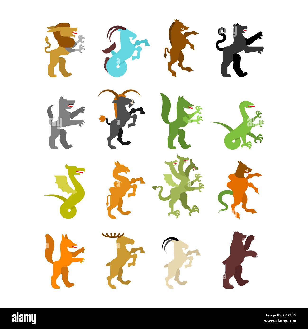Heraldische Tierset. Wildschwein und Bär. Panther, Kamel. Goat, Hydra und Enfield. Fuchs, Wolf und Alphyn. Hirsch, Kamel und Yale. Salamndra, Ziege und Amphipter Stock Vektor