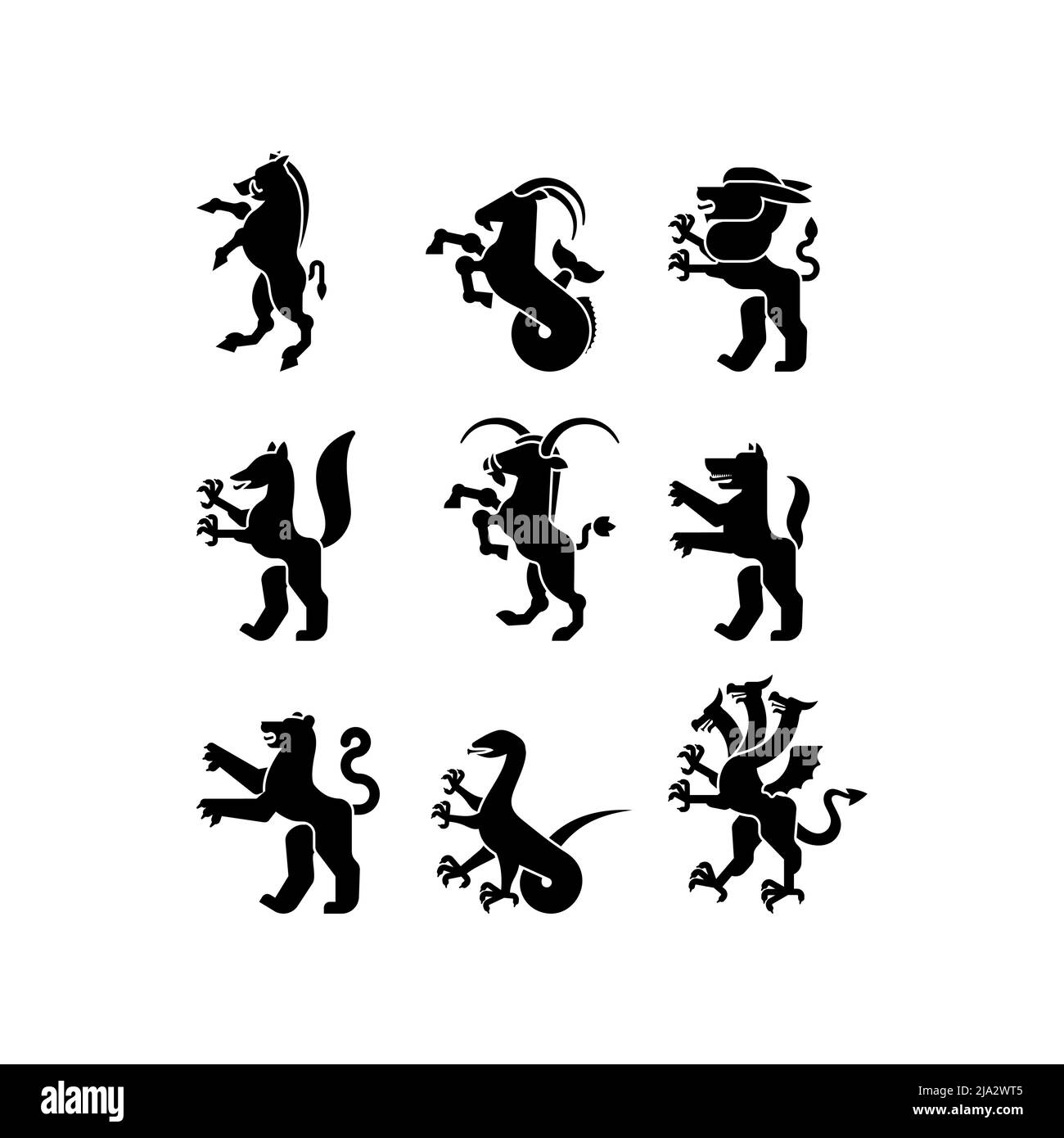 Heraldische Tier Set Silhouette. Panther, Kamel. Goat, Hydra und Enfield. Fuchs, Wolf und Alphyn. Hirsch, Kamel und Yale. Salamndra, Ziege und Amphiptere. F Stock Vektor