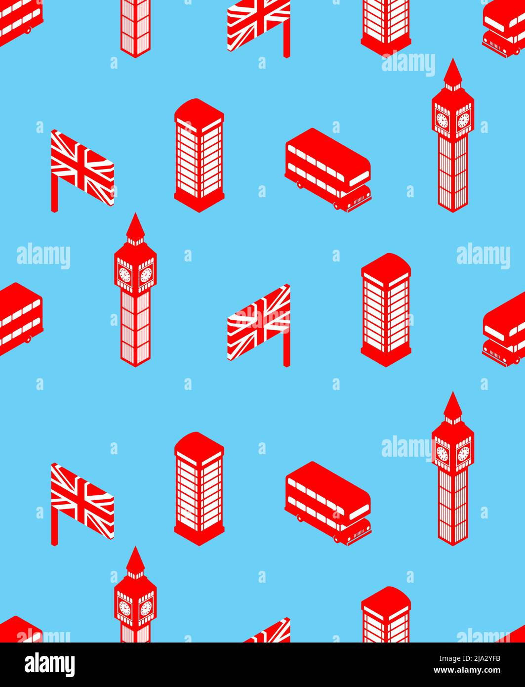 Nahtlos im Londoner Muster. Hintergrund Großbritannien. Wahrzeichen von London Set Icon. Roter Doppeldecker und Telefonzelle. Britische Flagge und Big Ben Turm Stock Vektor