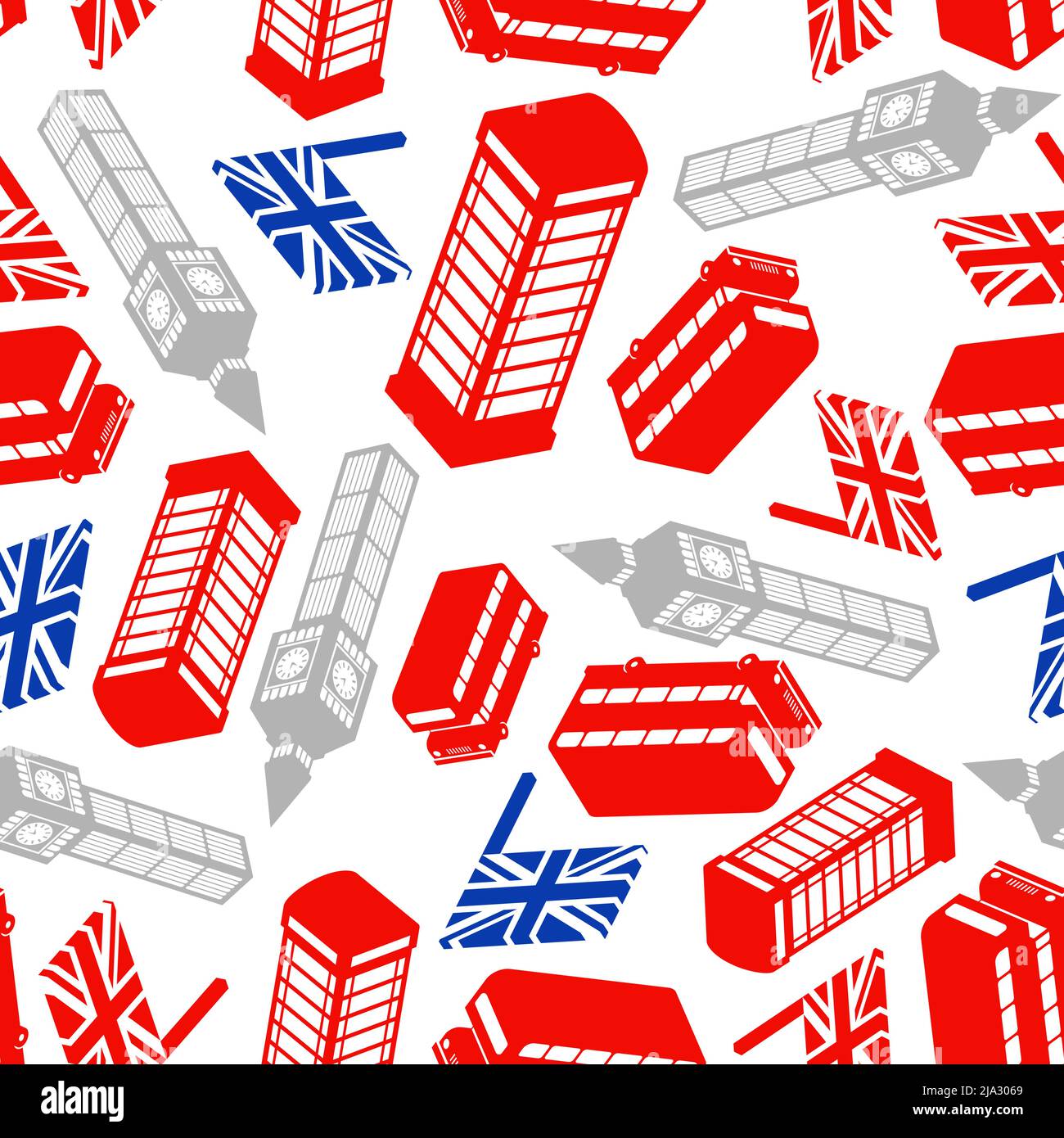 Nahtlos im Londoner Muster. Hintergrund Großbritannien. Wahrzeichen von London Set Icon. Roter Doppeldecker und Telefonzelle. Britische Flagge und Big Ben Turm Stock Vektor