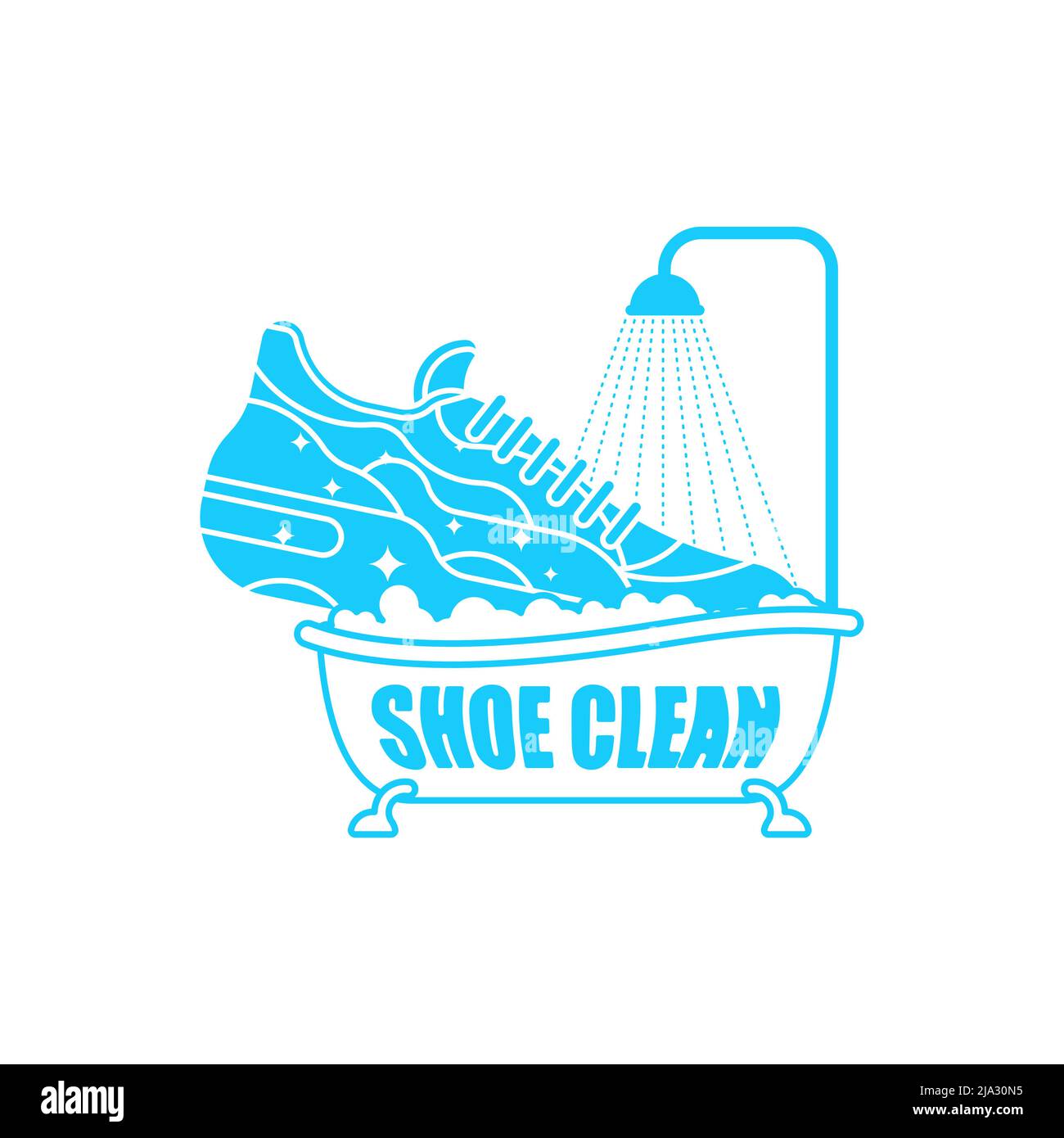 „Shoe Clean“-Logo. Schild für den Schuhabwasch. Schuh im Bad Stock Vektor