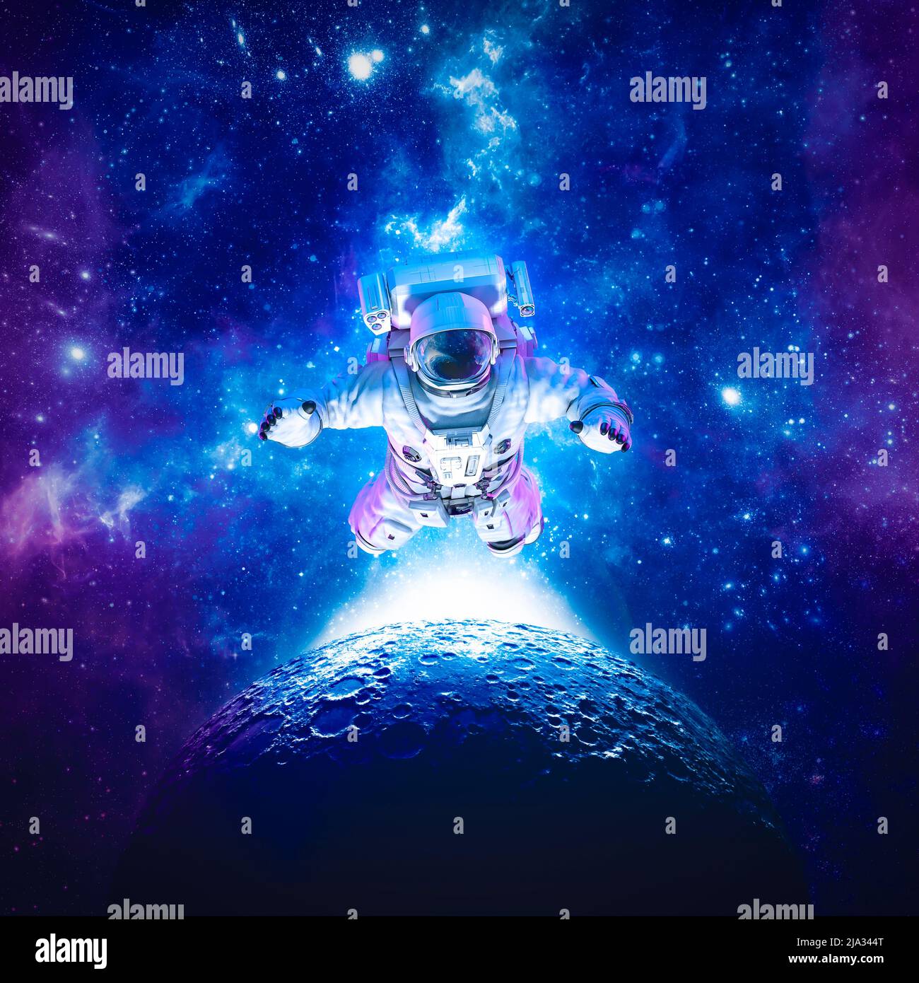 Astronaut schwebt über dem Mond - 3D Abbildung der Science-Fiction-Raum geeignet Figur unter den Sternen im Weltraum Stockfoto