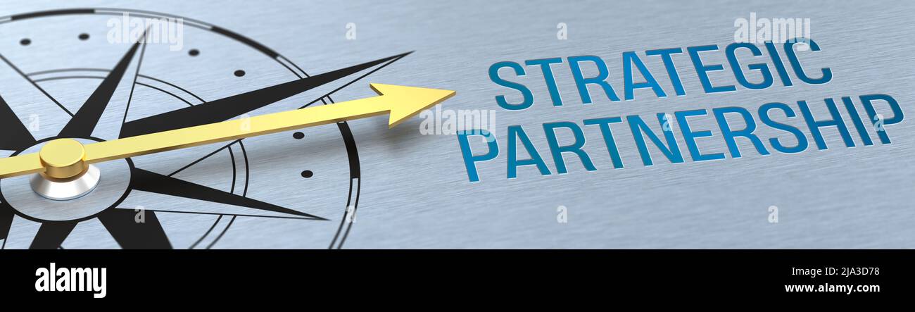 Kompassnadel zeigt auf die Worte strategische Partnerschaft - 3D Rendering Stockfoto