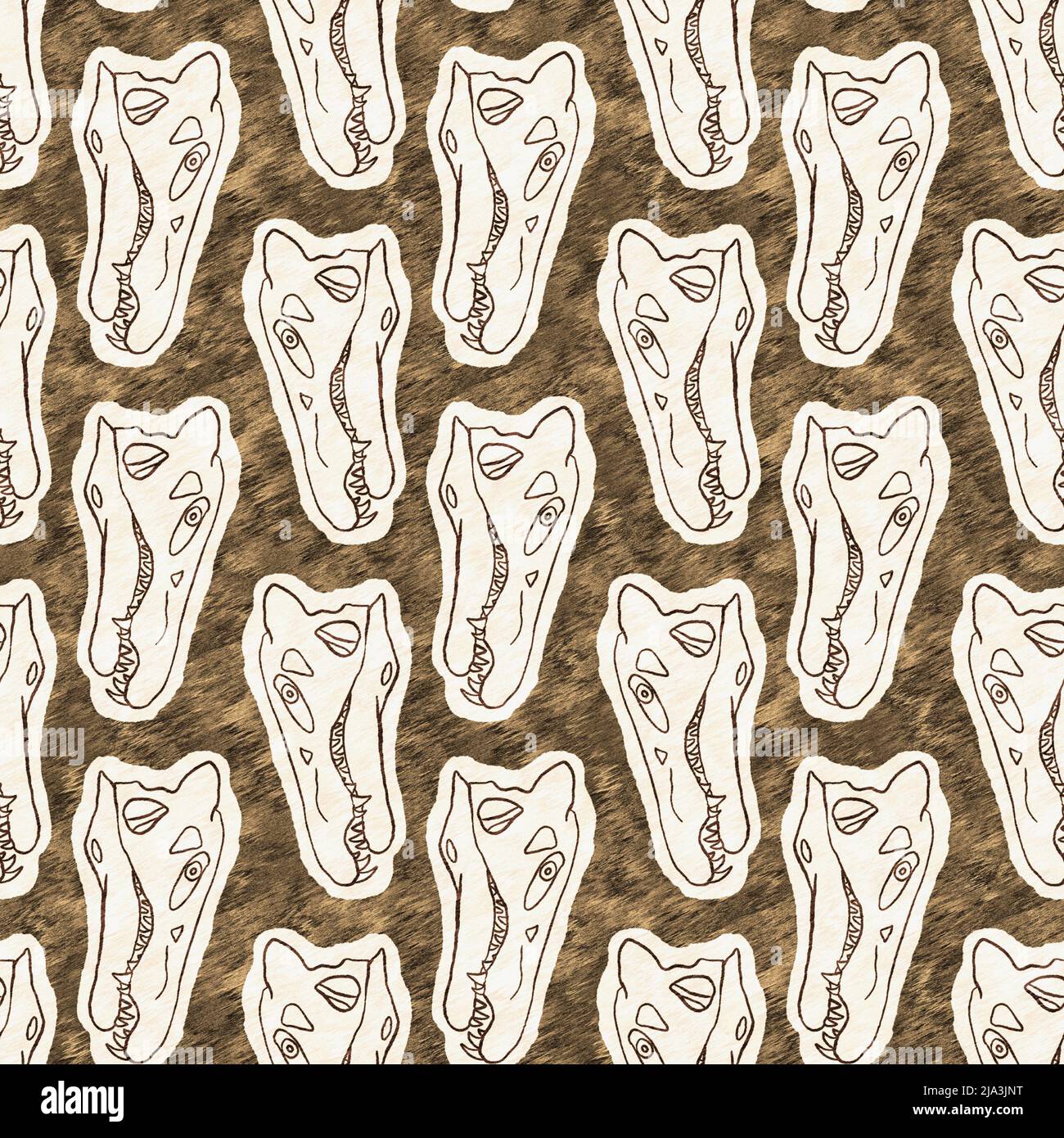 Braun handgezeichnete Spinosaurus fossile Knochen Dinosaurier nahtloses Muster. Geschlechtsspezifische neutrale jurassische Silhouette für die Babykrippe. Home Dekor für Museum Stockfoto