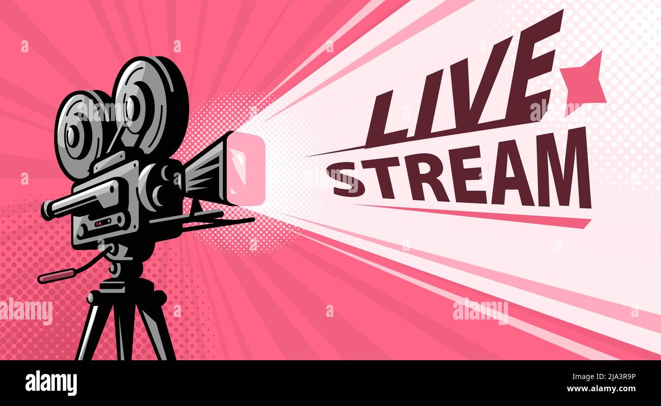 Retro-Filmkamera mit Filmrollen. Live-Stream-Konzept. Vektorgrafik Stock Vektor