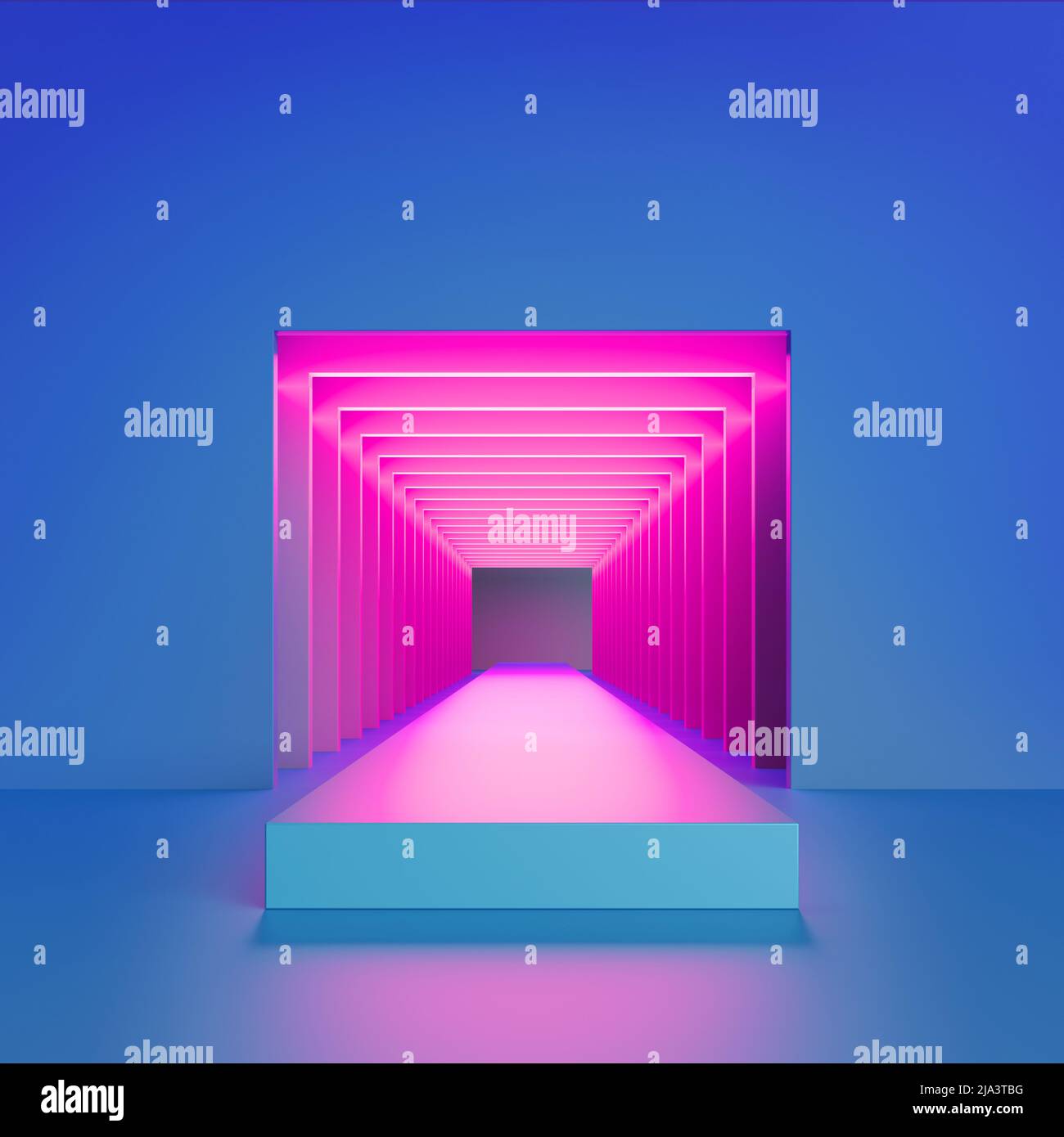 3D Render, abstrakter blauer Hintergrund, pinkes Neonlicht im quadratischen Tunnel, Portal im modernen Minimalraum, Performance-Bühne, leerer Korridor, Stockfoto