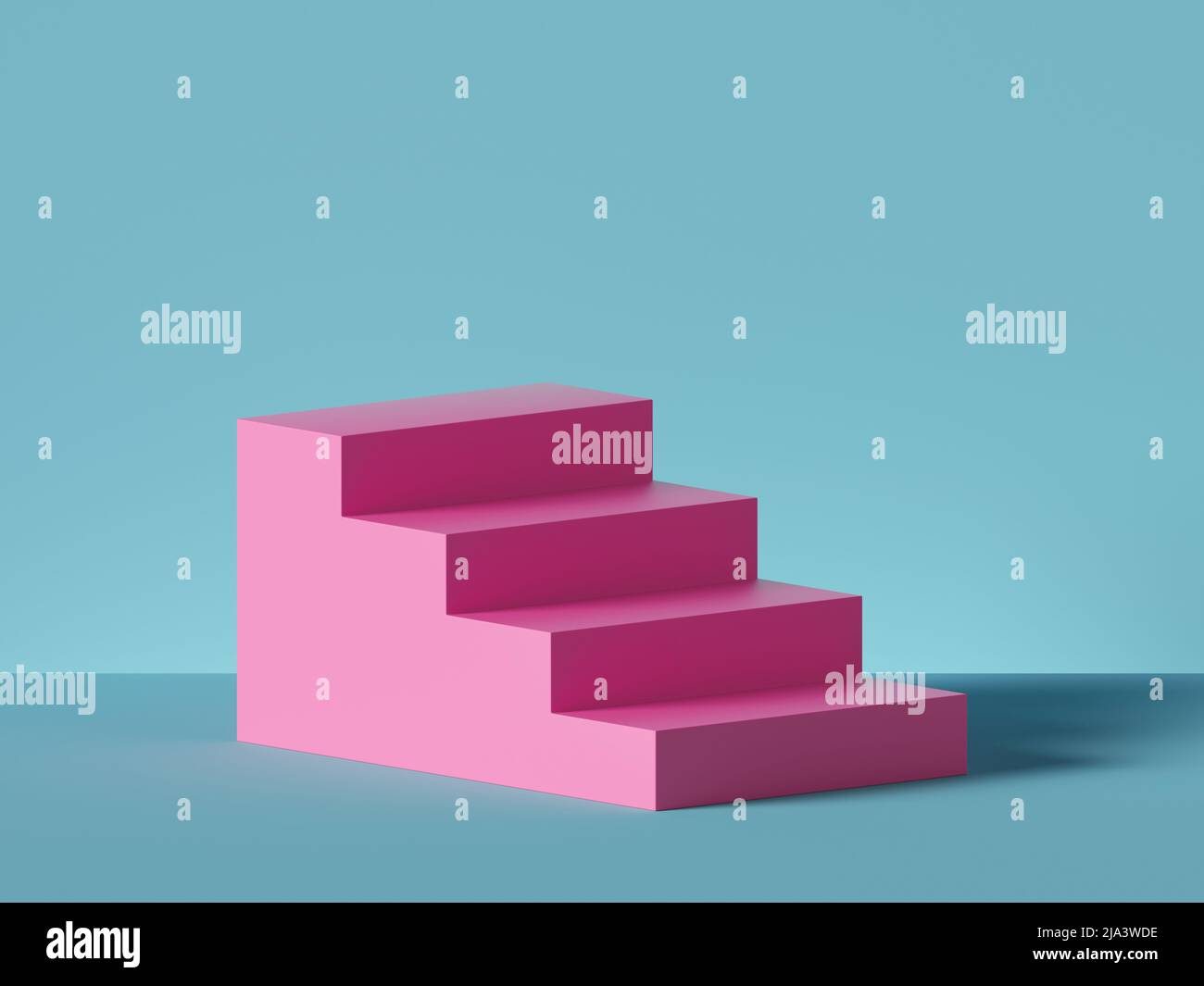 3D Render, abstrakter minimaler Hintergrund. Rosa Stufen, Treppe isoliert auf blau. Leerer Sockel, leeres Podium. Architektonisches Element, isoliertes Objekt, Stockfoto
