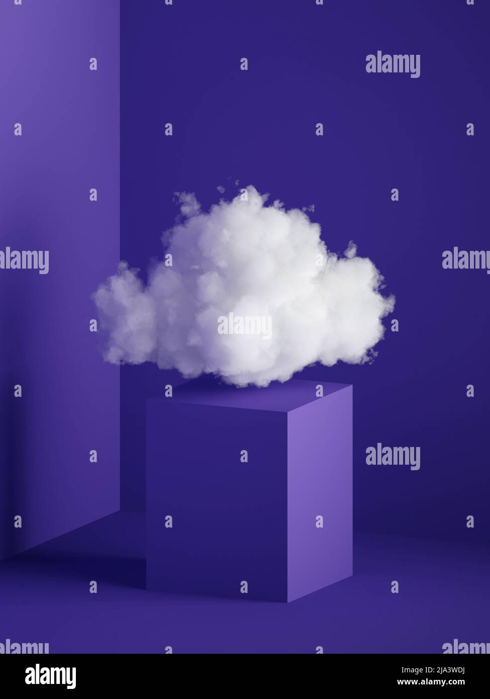 3D Render, weiße, flauschige Wolke über dem Würfelsockel, quadratisches Podium, minimales Rauminnere. Objekte isoliert auf violettblauem Hintergrund, modernes Design Stockfoto