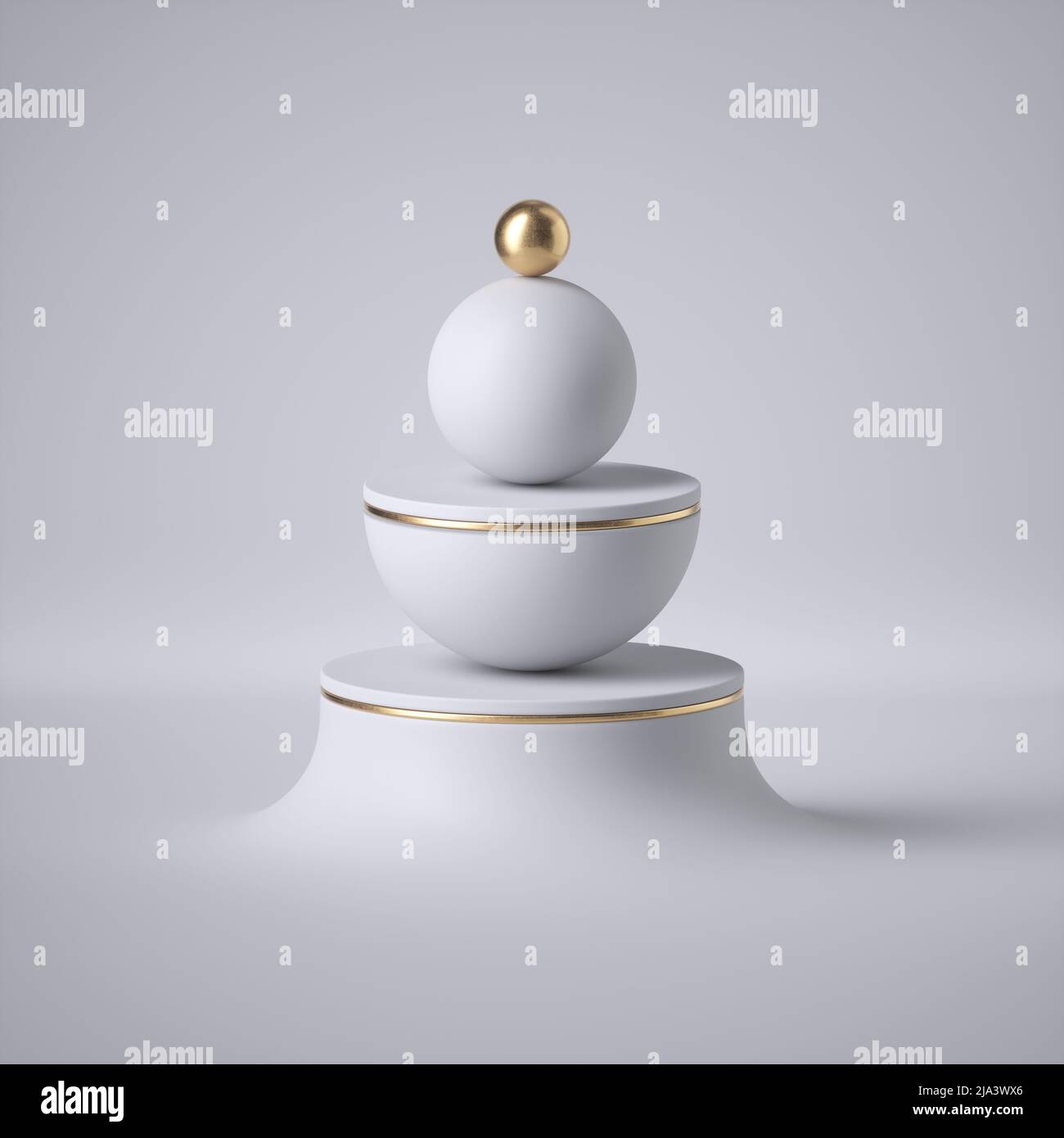 3D Render, abstrakter weißer Hintergrund, modernes minimalistisches Design, Balance-Konzept, sauberer Stil. Weiße Kugel, Goldkugel, goldener Ring. Stockfoto