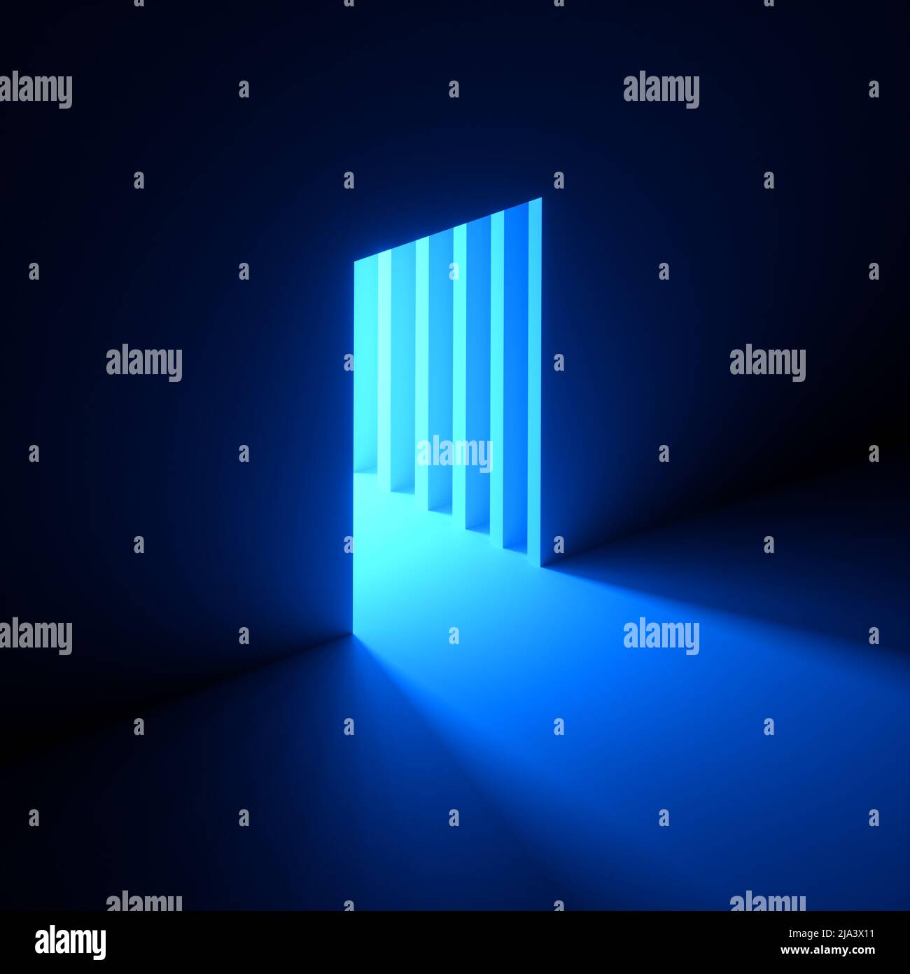 3D Render, abstrakter Hintergrund, blaues Neonlicht, das aus dem Loch in der Wand kommt. Quadratisches Fenster, Höhle, offene Tür, Portal. Korridor, Tunneleingang. Stockfoto