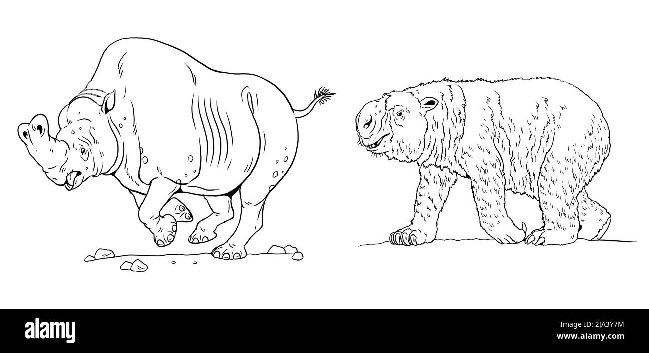 Prähistorische Tiere - Diprotodon und Embolotherium. Zeichnung mit ausgestorbenen Tieren. Vorlage für das Ausmalen. Stockfoto