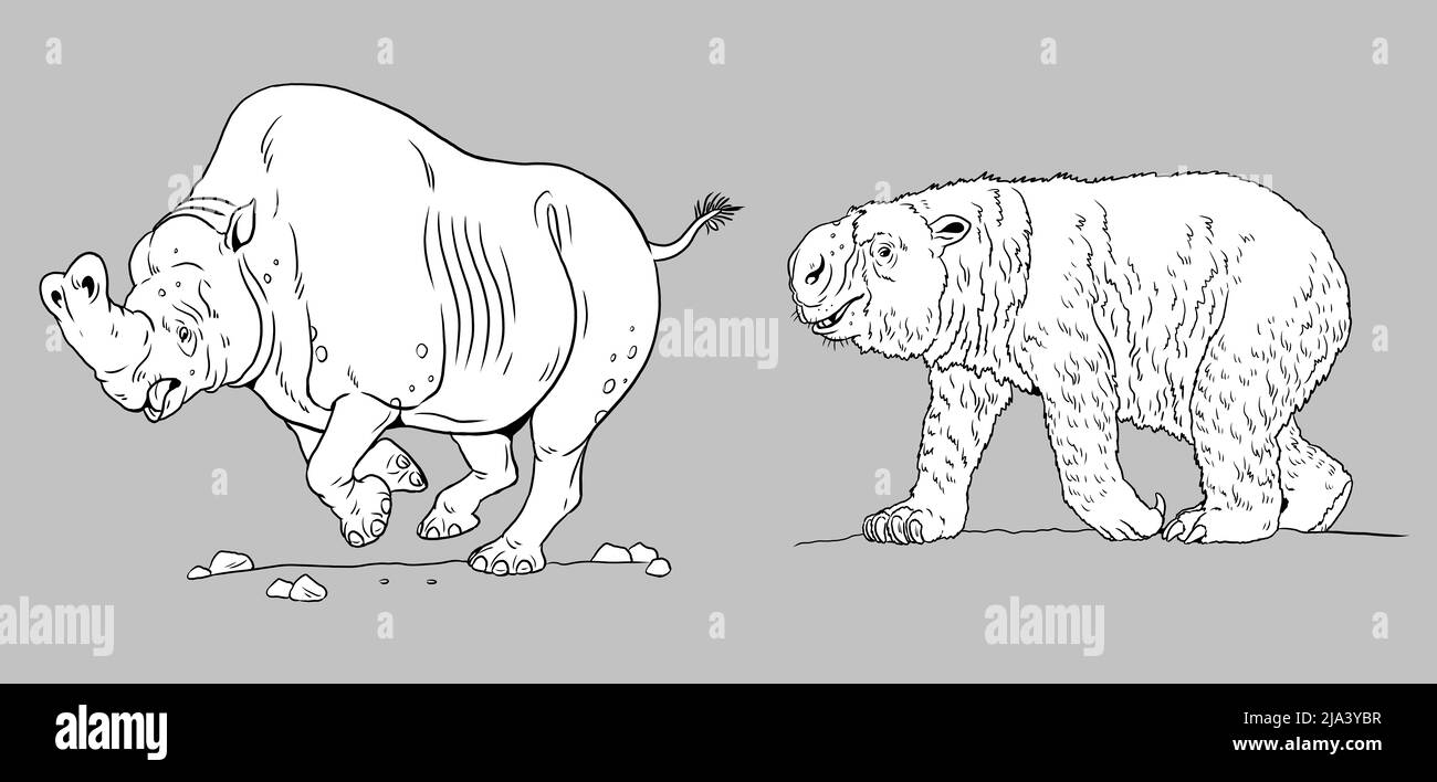 Prähistorische Tiere - Diprotodon und Embolotherium. Zeichnung mit ausgestorbenen Tieren. Vorlage für das Ausmalen. Stockfoto