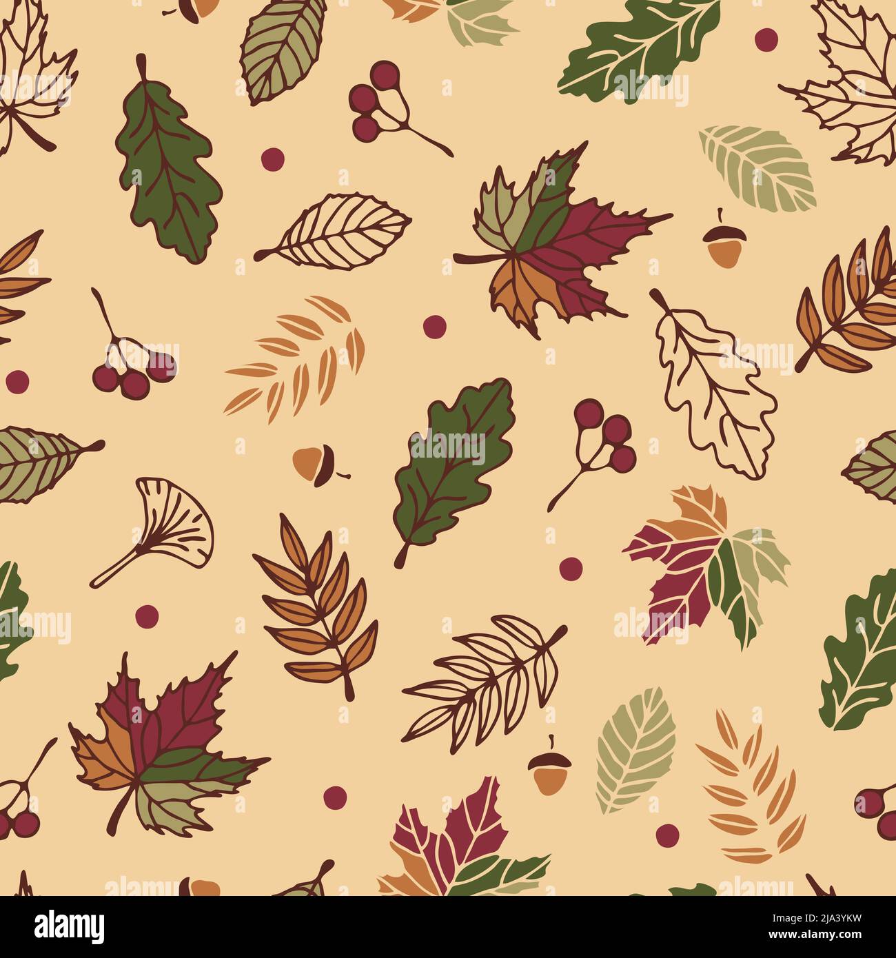 Nahtloses Vektor-Muster mit Herbstblättern auf gelbem Hintergrund. Saisonale Wald Tapete Design. Dekorative Herbstmode Textil. Stock Vektor