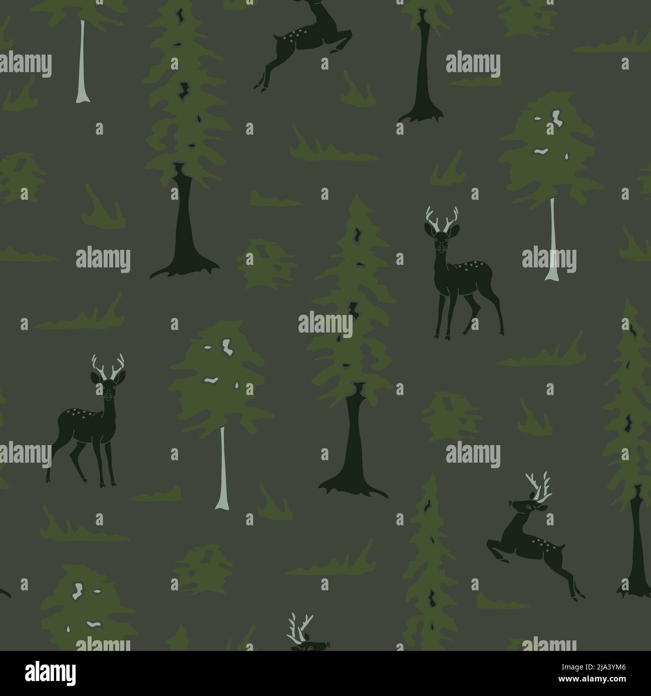 Nahtloses Vektormuster mit Hirschen im Wald auf grünem Hintergrund. Einfache dunkle Tier Silhouetten Tapete Design. Landscape Fashion Textil. Stock Vektor