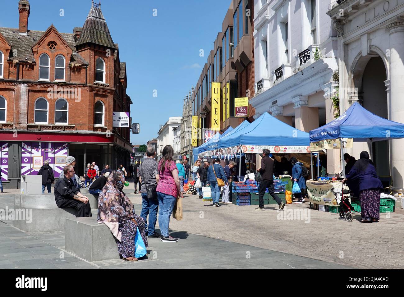 Ipswich, Suffolk, Großbritannien - 27. Mai 2022: Obst- und Gemüsemarkt, Cornhill. Stockfoto