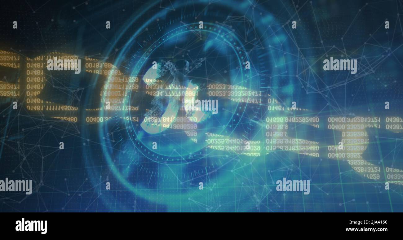 Abbildung des symbols 5G auf rotierendem Sicherheitsschloss und digitaler Kette über das Netzwerk von Verbindungen Stockfoto