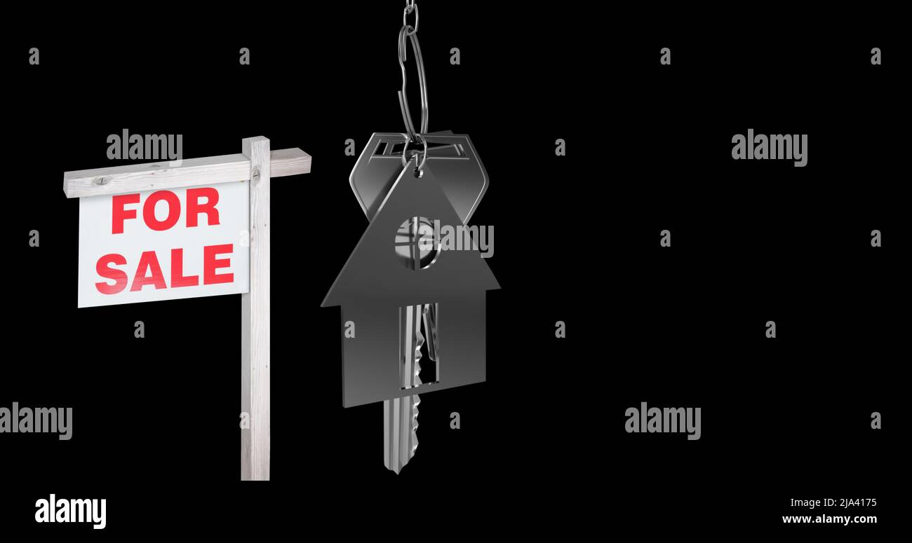 Bild des Hauses zum Verkauf Schild und Hausschlüssel auf schwarzem Hintergrund Stockfoto