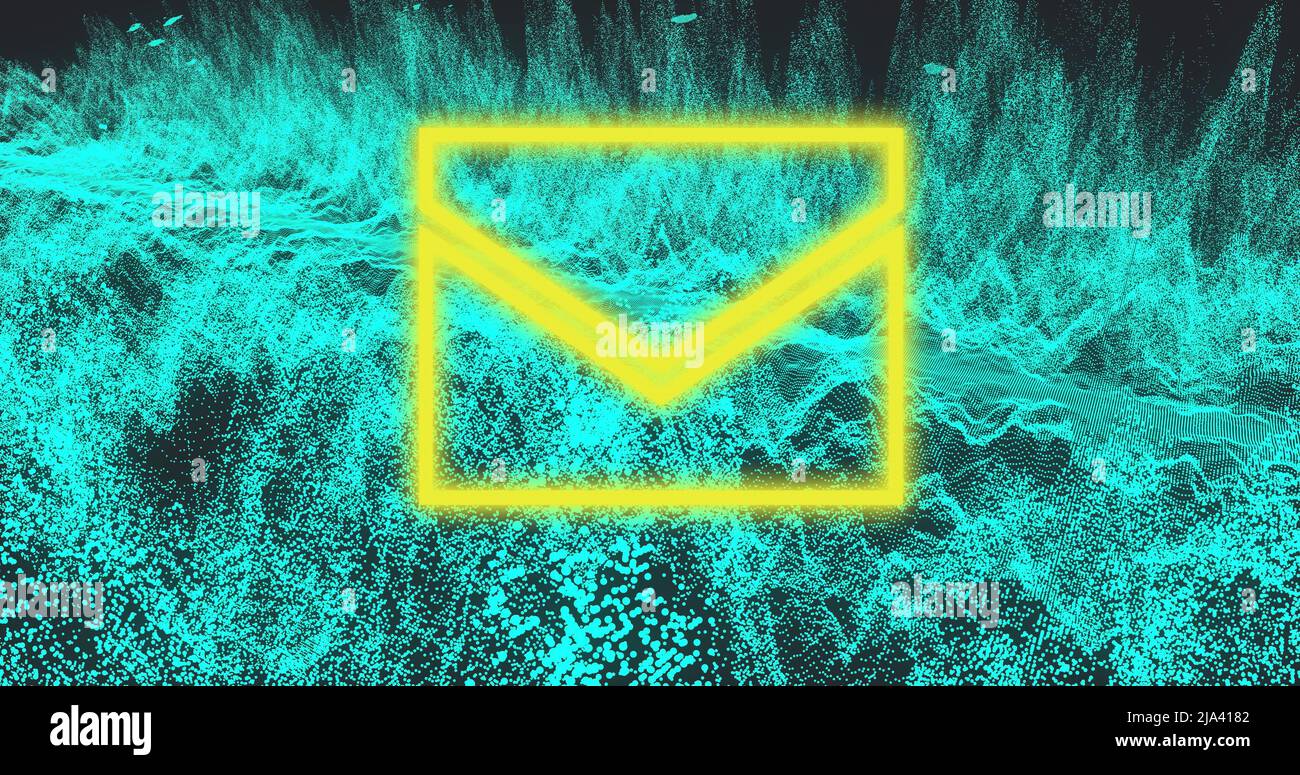 Bild von Neon-Mail-Symbol und grünen Wellen auf schwarzem Hintergrund Stockfoto